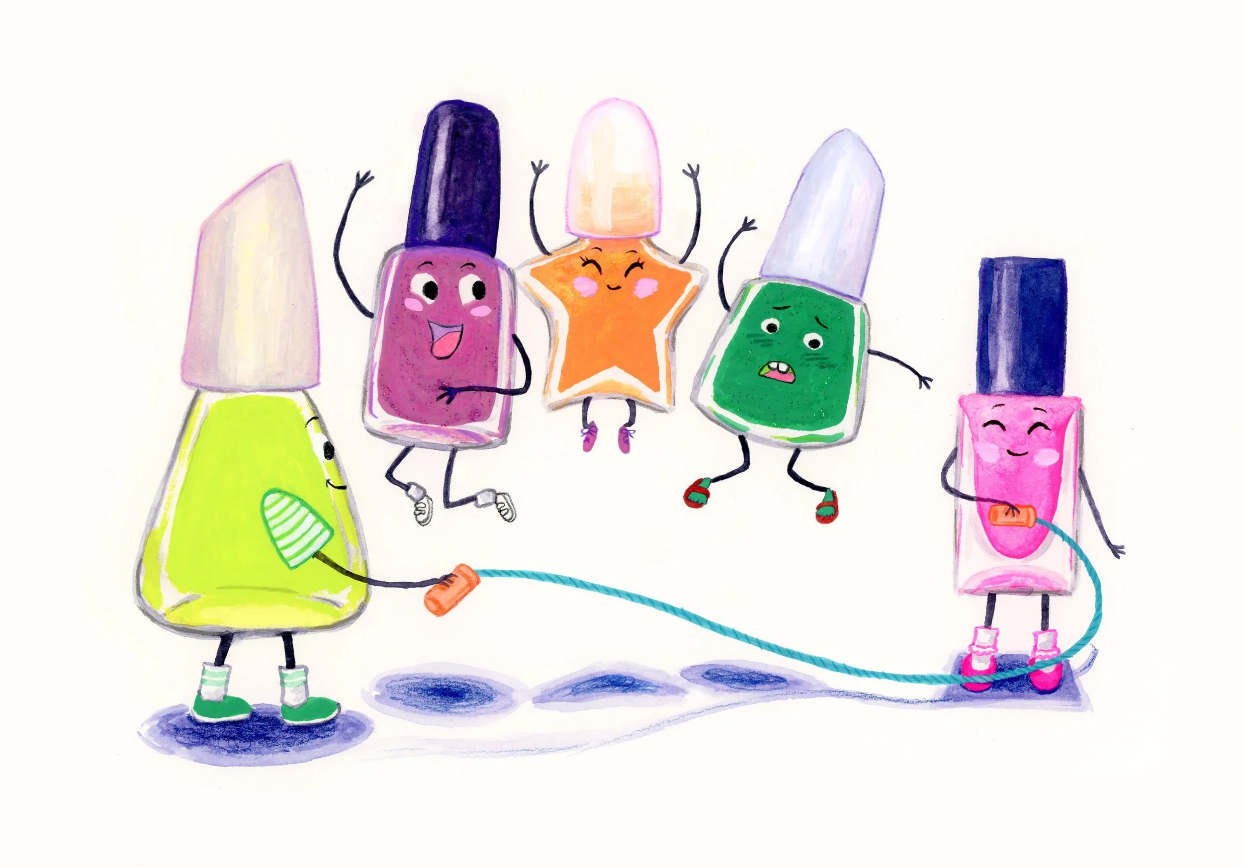 5 anthropomorphic nail polish bottles jumping rope. The lime green and opera pink nail polish kids swing the rope. The purple, orange, and green nail polish kids jump the rope.