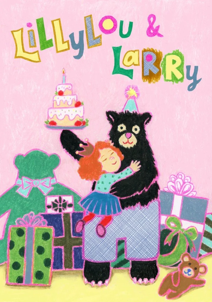 Book cover design for the title "Lillylou & Larry." A girl embraces a black bear holding a strawberry shortcake in a room full of birthday presents.