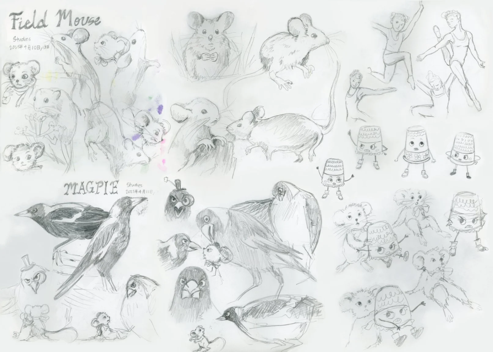 Various pencil sketches of field mice, magpies, thimbles, and ballerinas for character development in graphite pencil.