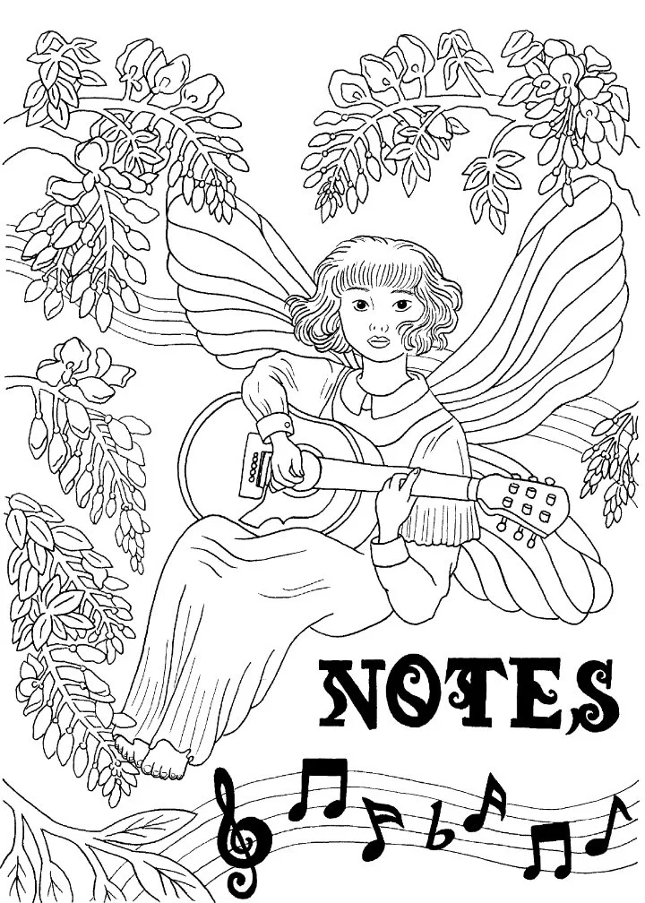 Black and white ink illustration of fairy playing guitar floating amidst wisteria flowers. Musical notes decorate the bottom below the text "NOTES."