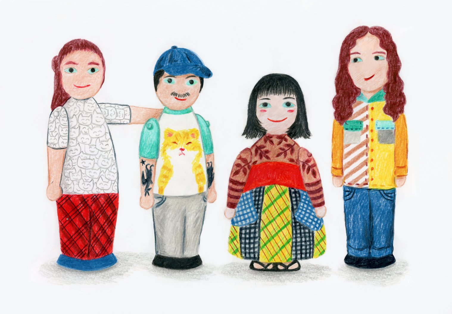 Colored pencil illustration of the four band members in the group kanekoayano in 2024 as wooden dolls.