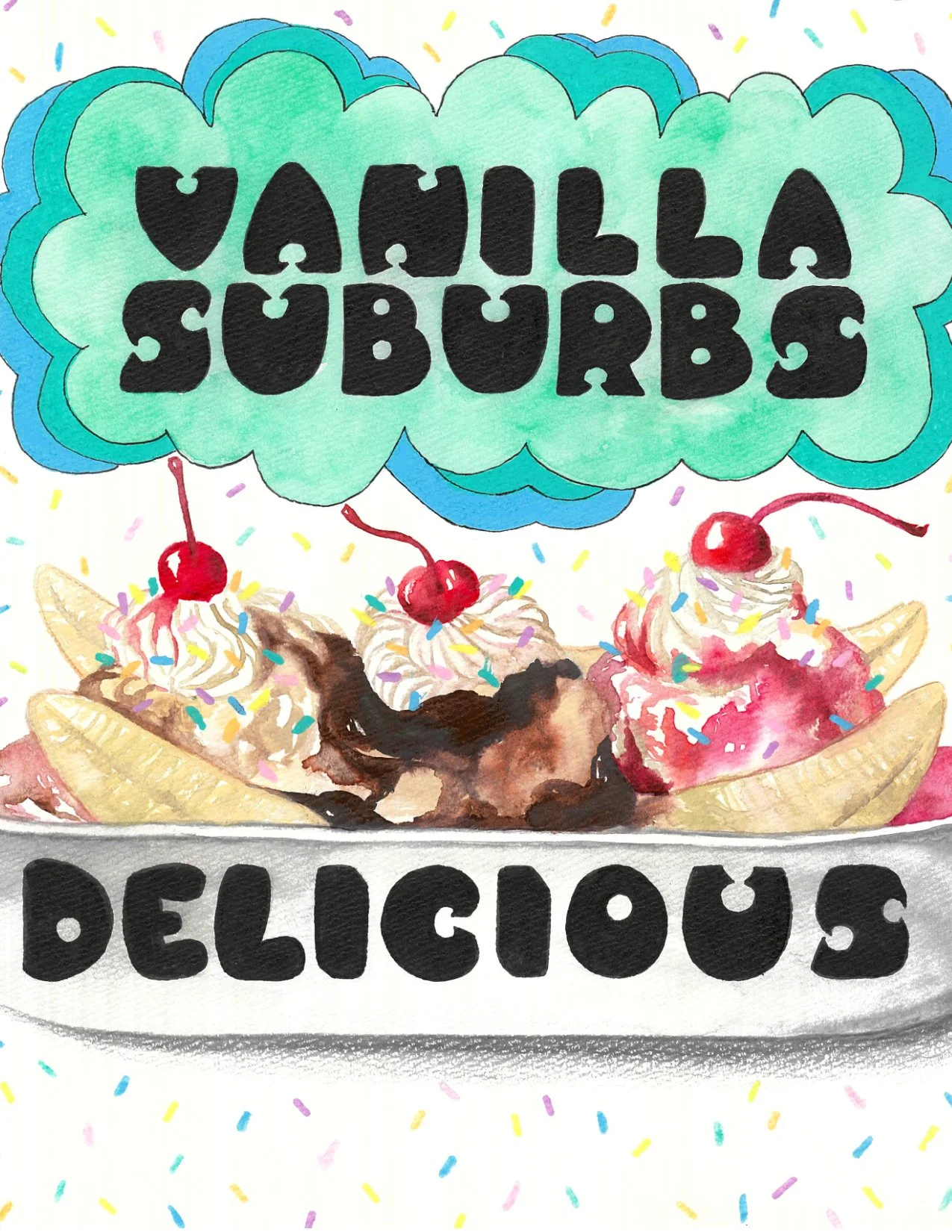 Hand-lettering of the words "Vanilla Suburbs Delicious" in chubby, inflated letterforms punctuated by holes in a yellow submarine-vibe.