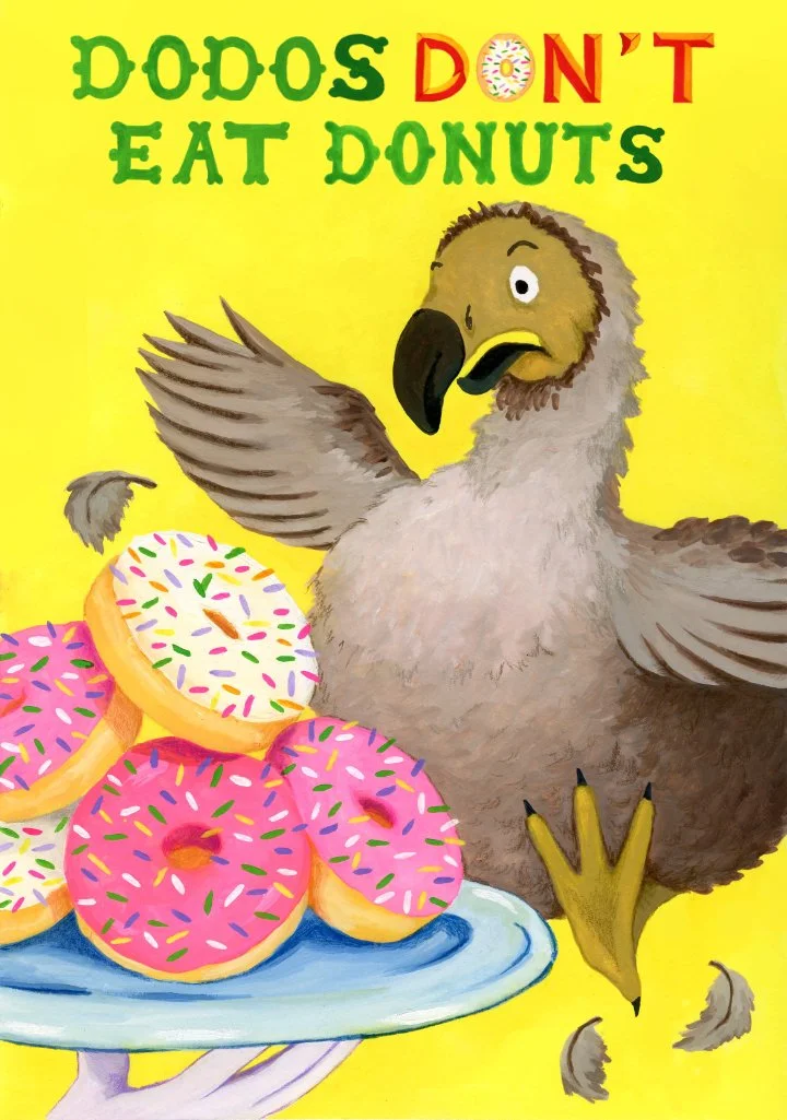 Book cover design for the title "Dodos Don't Eat Donuts." Dodo bird backing away in surprise from iced doughnuts covered in sprinkles served on a plate.