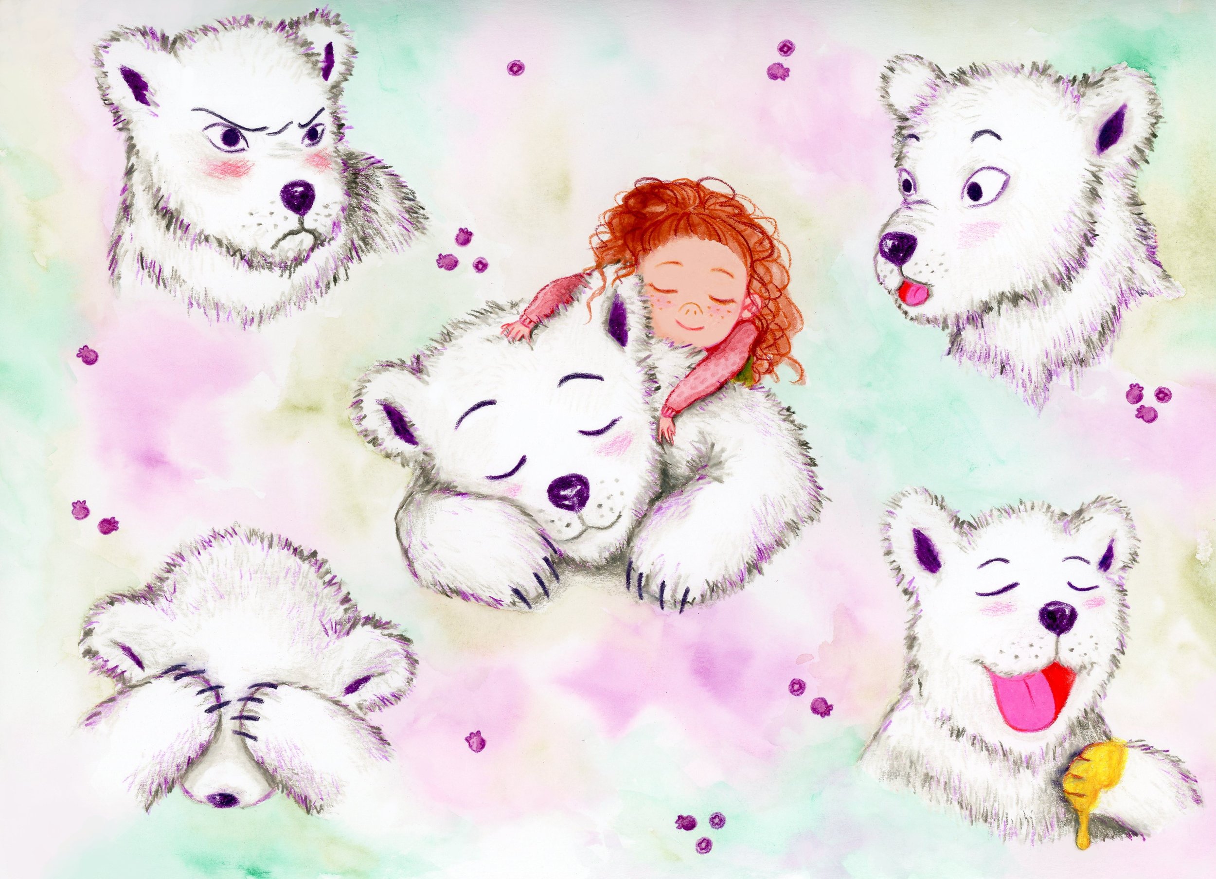Illustration of Bear's different emotions, including angry, embarrassed, peaceful, surprised, and joyful.