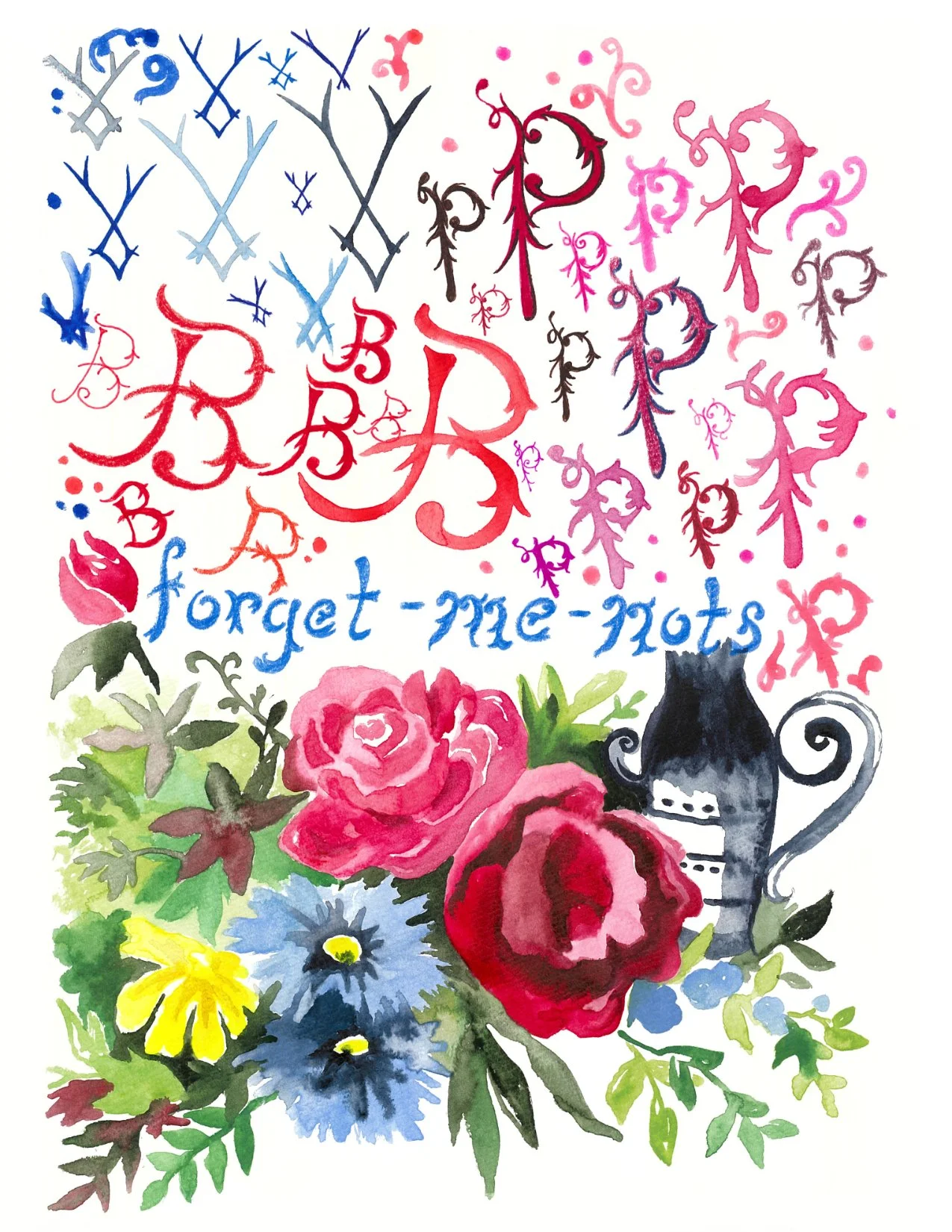 Hand-lettering of the stylized capital letters B, V, and P and the word "forget-me-nots" with an illustration of various flowers and a vase.
