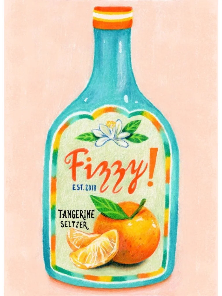 Seltzer bottle design with the text "Fizzy! Est. 2018 Tangerine Seltzer." Illustration of a tangerine flower and tangerine fruit on bottle label.