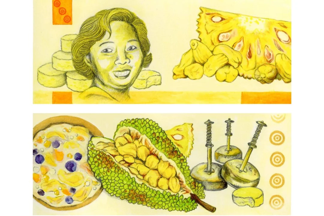 Yellow 500-peso design featuring Lola Luisa in her 30s with jackfruit and polvoron on the front. Filipino Ginataang Bilo-Bilo (Coconut dessert soup), jackfruit, and polvoron molders on the back. Circle mahjong tile motif.