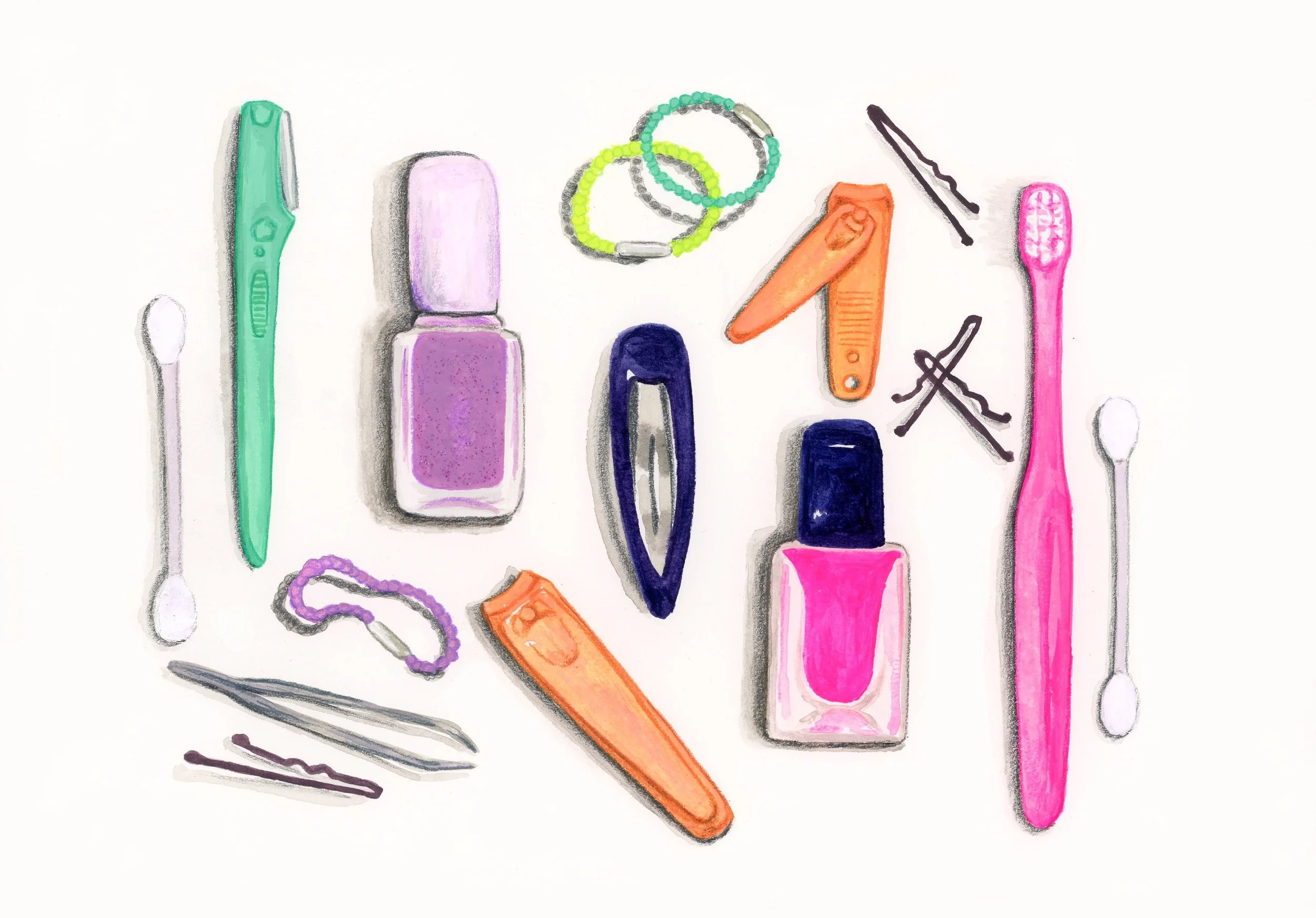 Illustration of things you find in a bathroom: ear swabs, bobby pins, hair ties, a face razor, tweezers, nail polish, a toothbrush, nail clippers, and a hair clip.