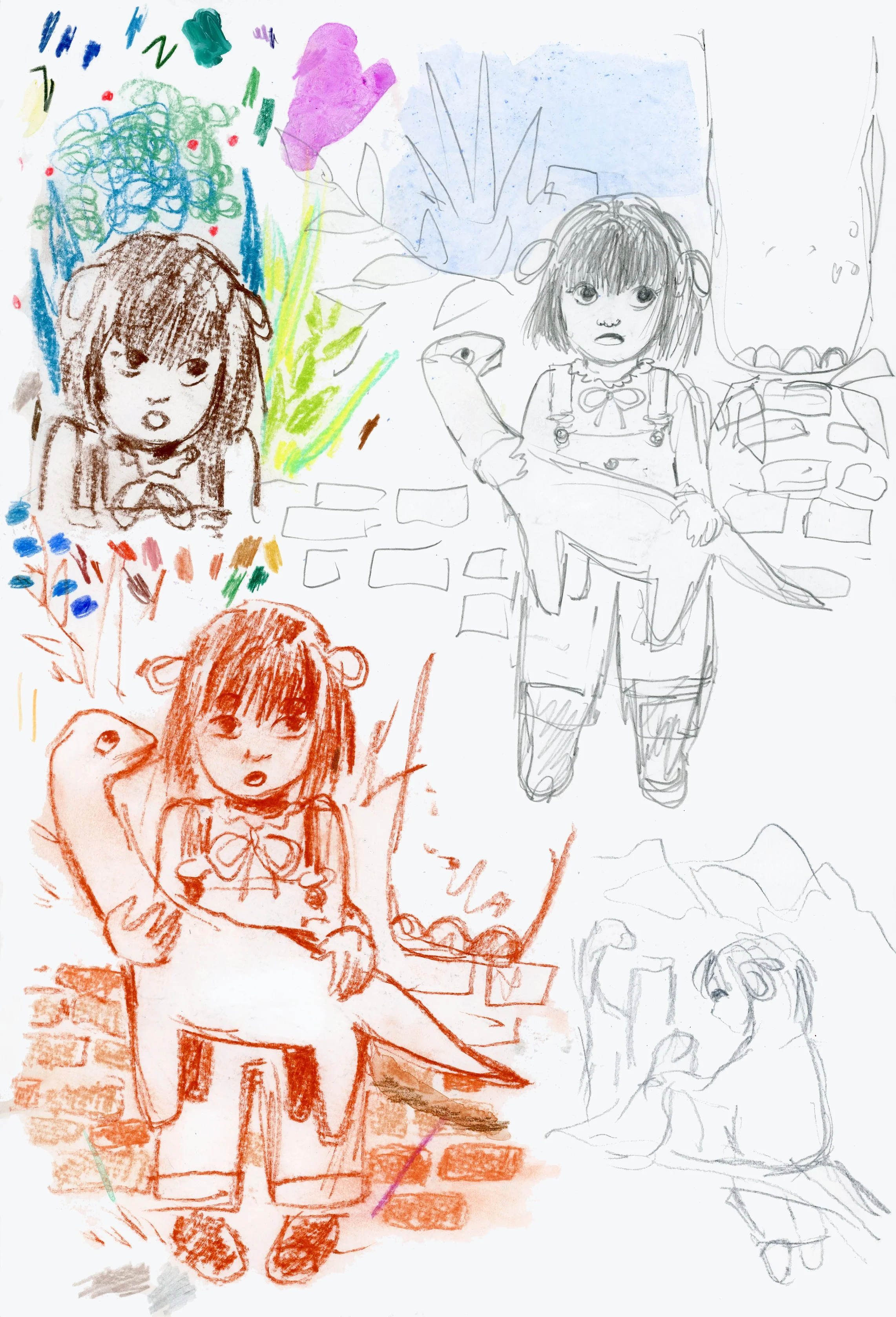 Preliminary sketches in graphite and charcoal pencil of girl with her stuffed dinosaur toy for Zoe and the Dinosaurs illustration.