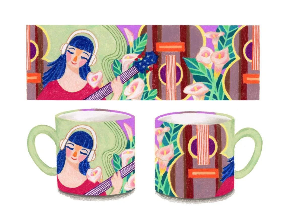 Art deco inspired design for coffee mug with a largely geometric pattern of a guitar and cala lillies and a woman playing a guitar.
