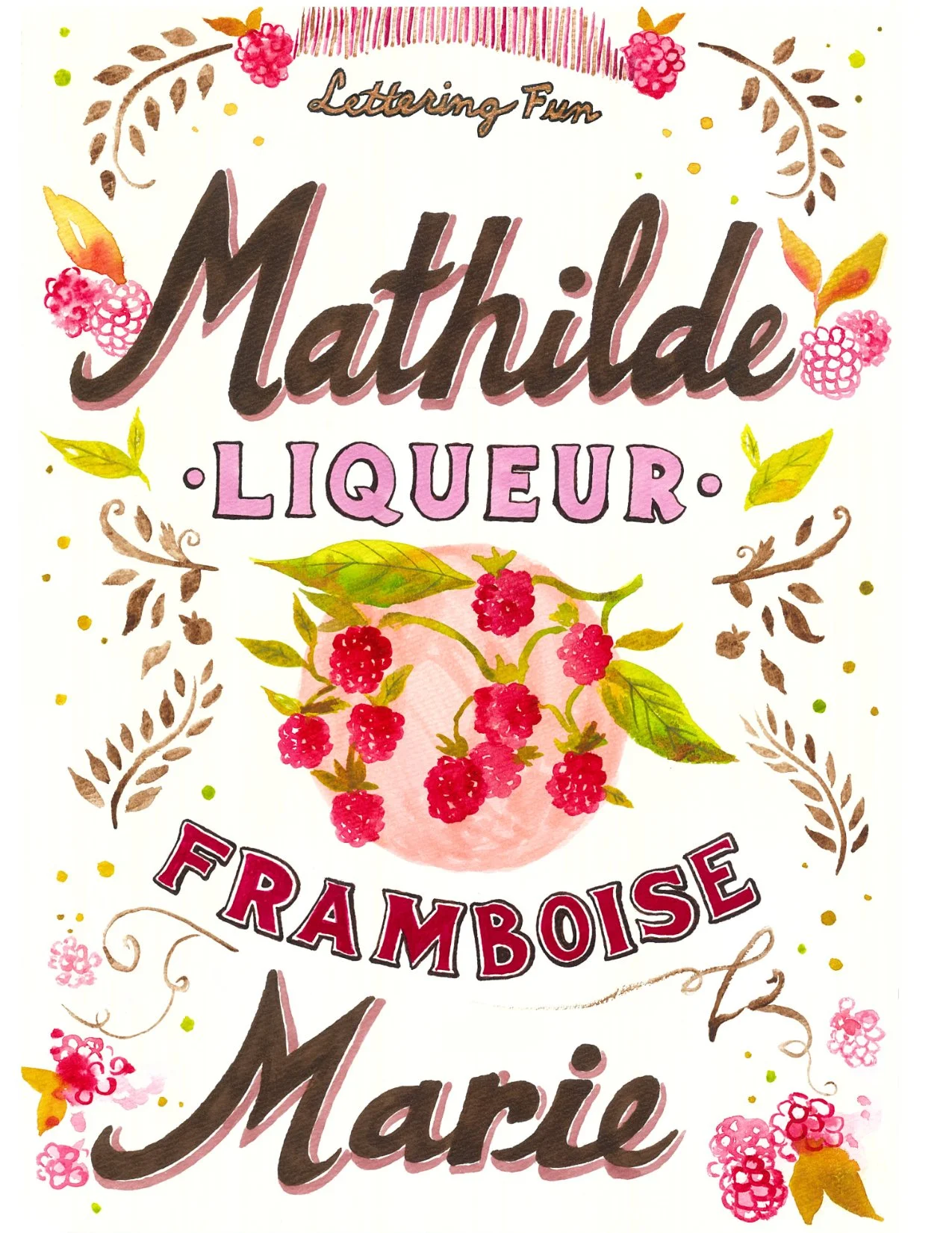 Hand-lettering of the word "Mathilde" and "Marie" in upper and lower case italic script with shadow. Additional hand-lettering of the words "Liqueur" and "Framboise" in upper case script with bold outlines. Decorative illustrations of raspberries.