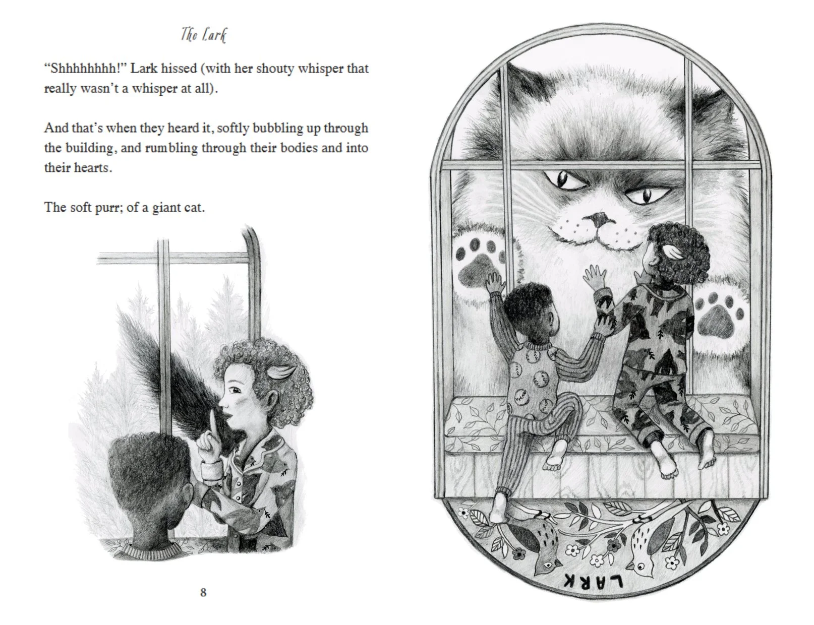 Left spot illustration of the girl Lark hushing her younger brother with a finger pressed to her lips. A large tail is visible outside the window. Right illustration shows the two children pressed against the window facing a giant cat.