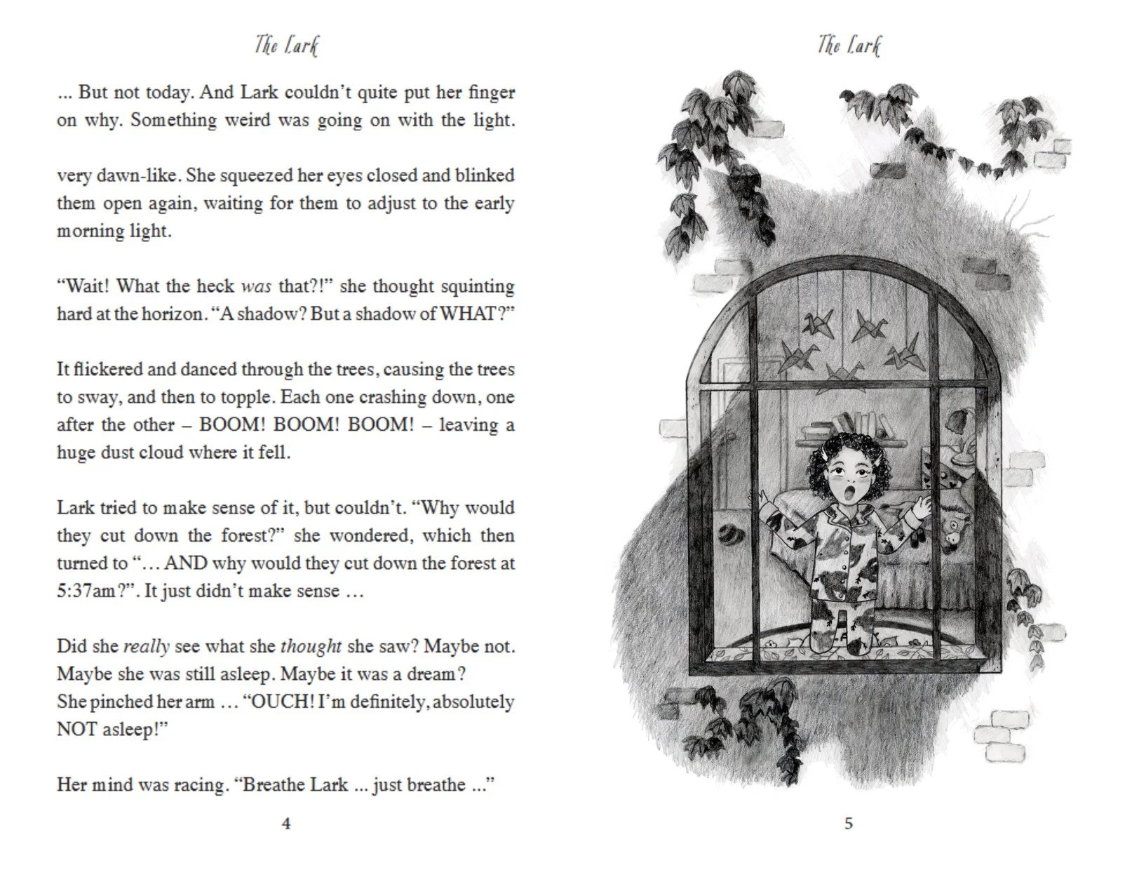 Right half-spread illustration shows the girl Lark gaping at a figure outside her bedroom window. The shadow of a giant cat can be seen on the outer wall of her home.