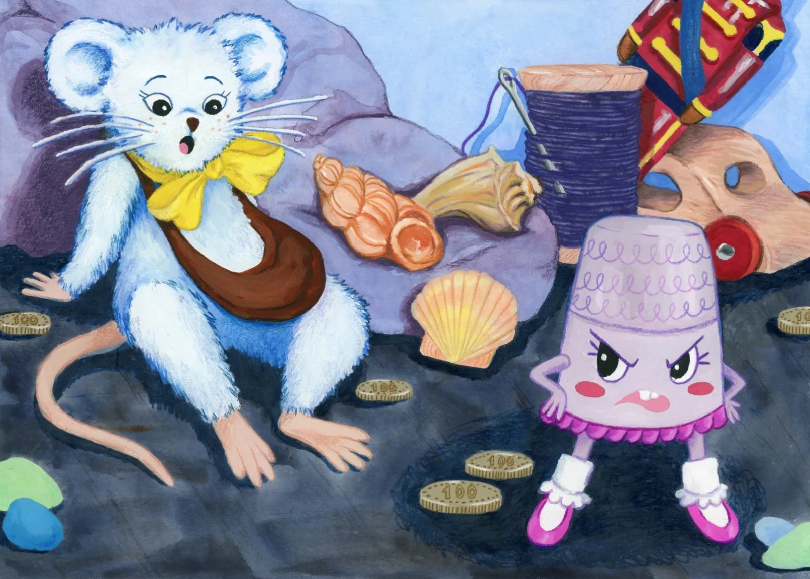 Mouse falls over in suprise when an annoyed thimble starts to talk. There are knick knacks like shells, coins, & seaglass scattered around the room. A spool of thread, wooden soldier, and car sit in the corner.
