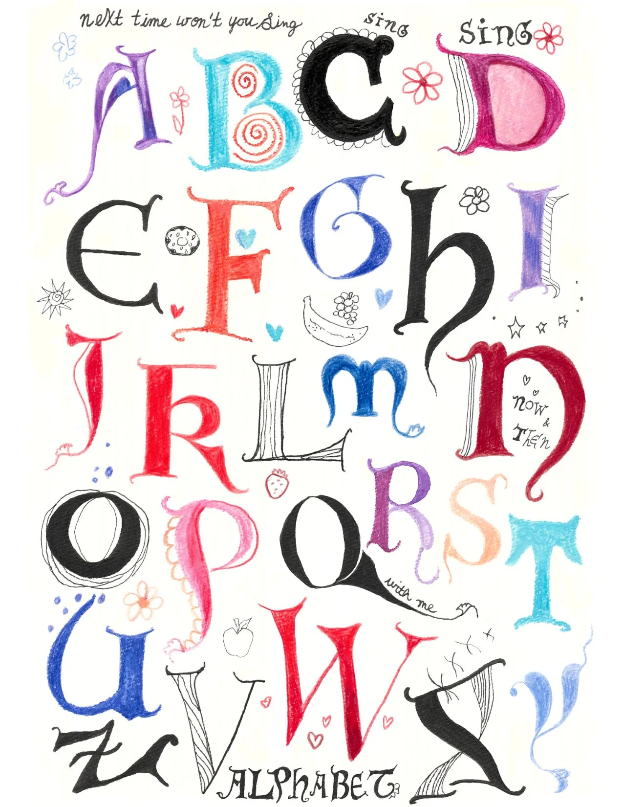 Hand-lettering of full alphabet in stylized 12th century font accented with curliques.