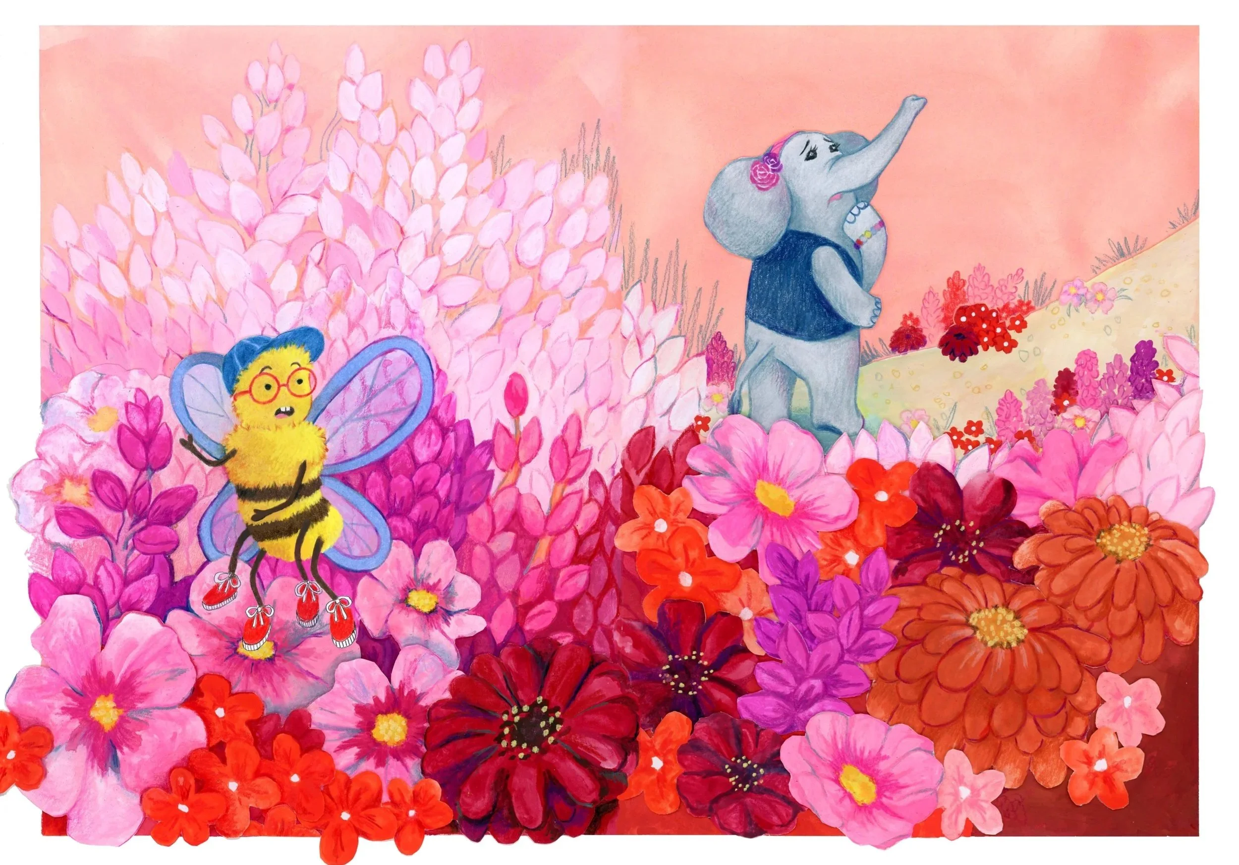 A concerned bee watches the elephant Nelly wander lost in a field of bright pink, magenta, red, and orange flowers.