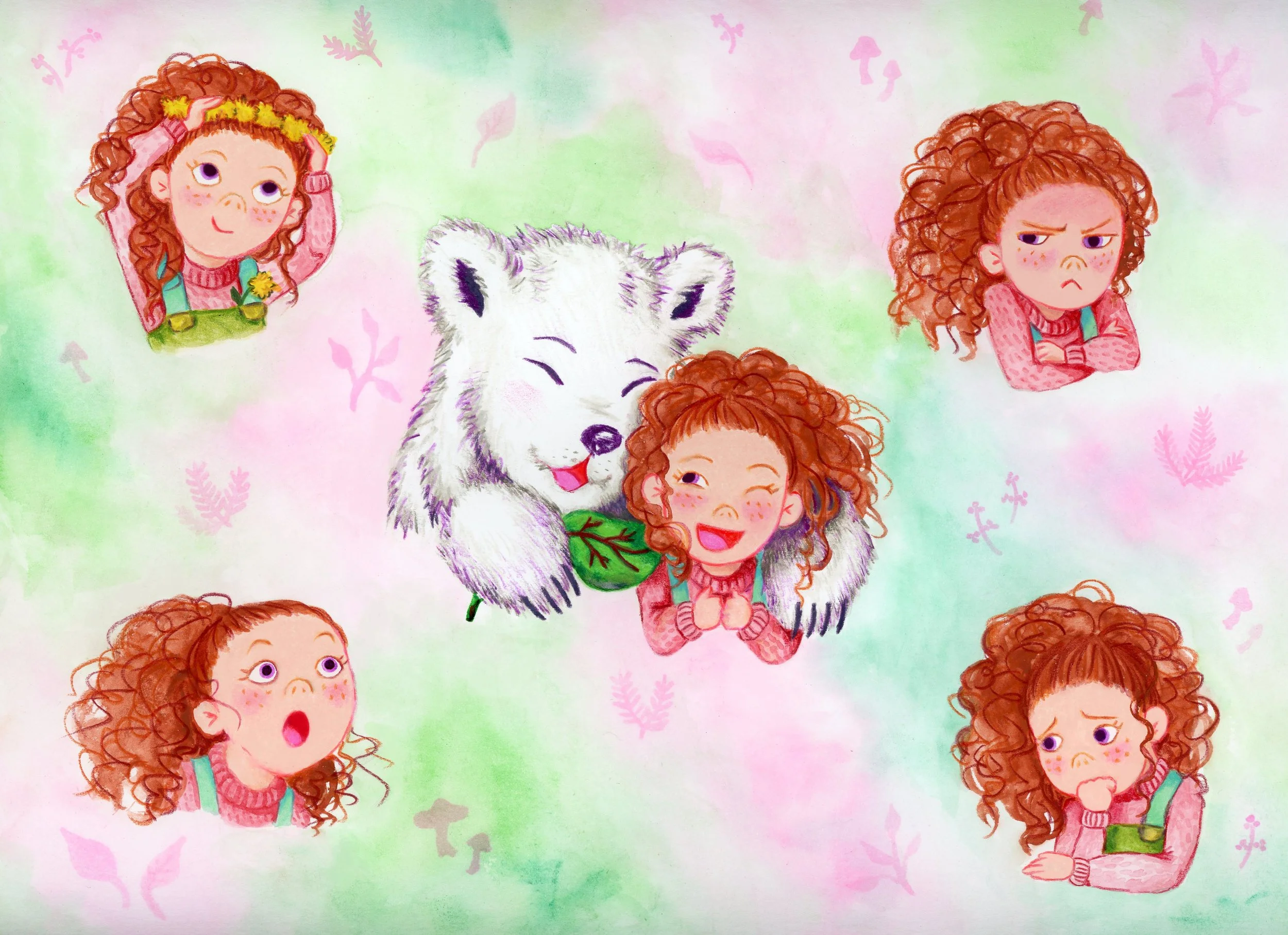 Illustration of Erin's different emotions, including happy, surprised, delighted, angry, and worried.