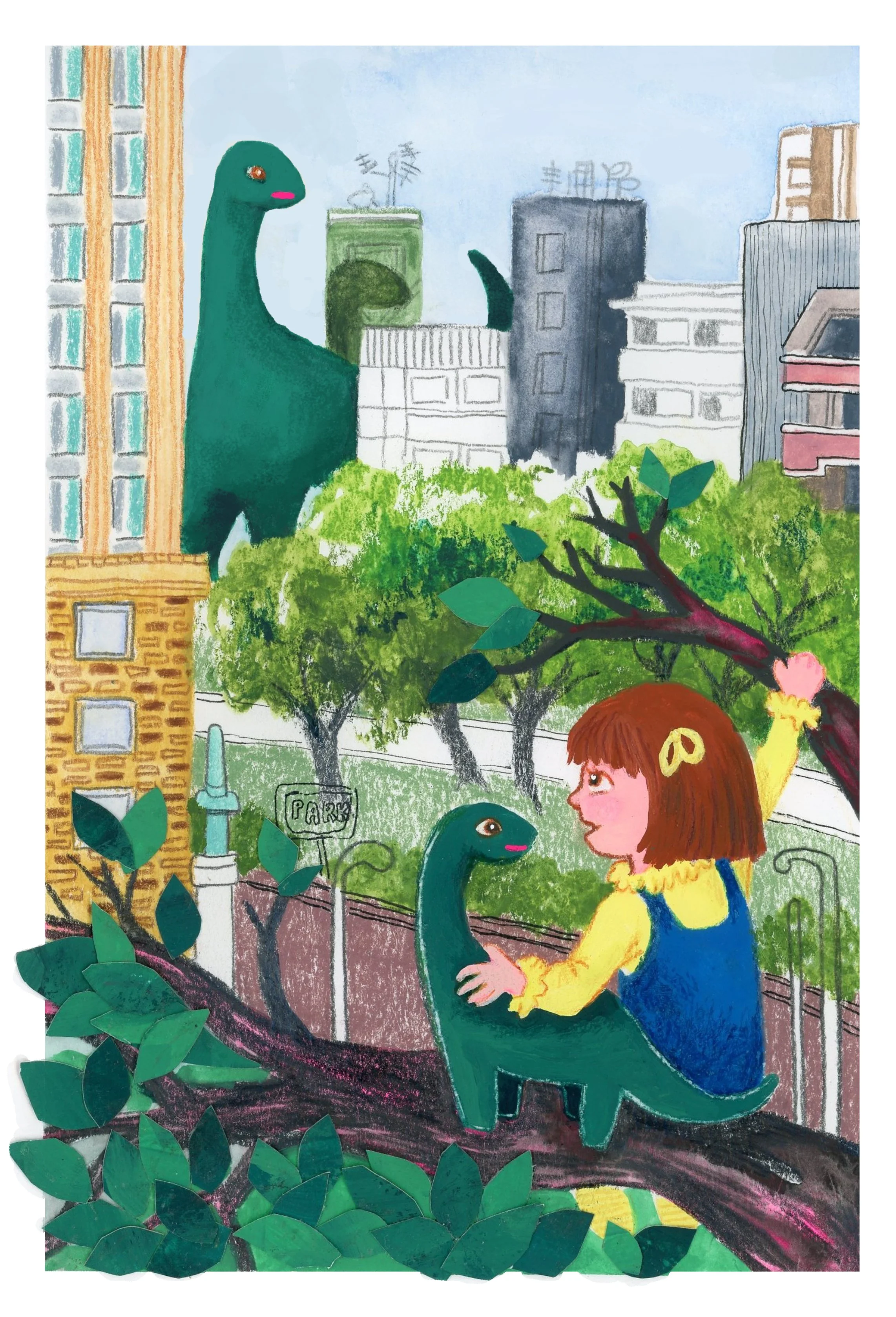 The girl Zoe and her stuffed dinosaur toy sit on a tree branch in a city while a brontosaurus approaches them in the distance.