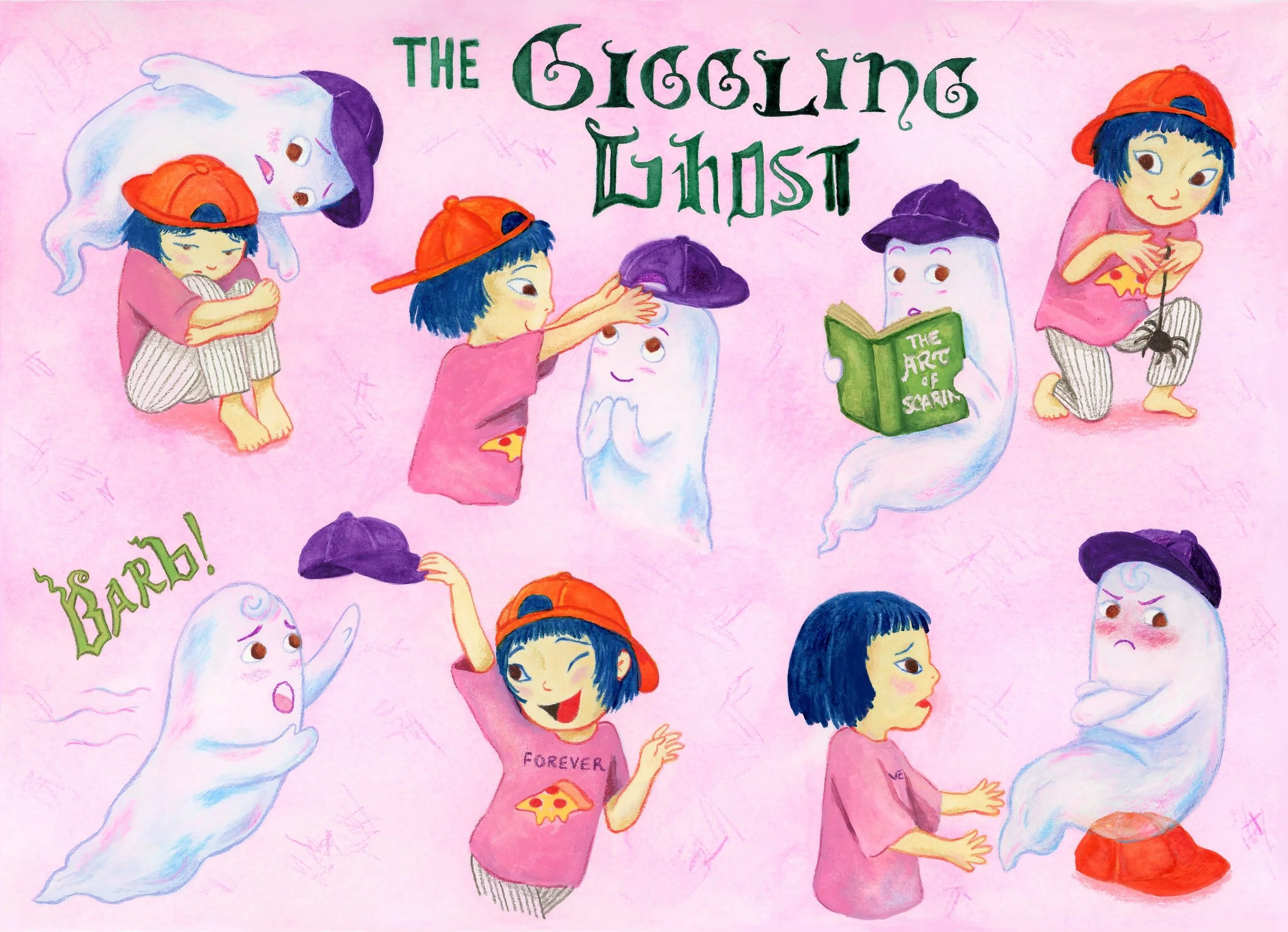 Illustrations of different actions between the ghost and the girl Barbara. The interactions depict different emotions and behaviors, including worry, sadness, joy, curiosity, mischief, annoyance,  remorse, and anger.