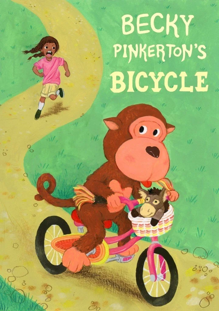 Book cover design for the title "Becky Pinkerton's Bicycle." A girl chases a big monkey who has taken her bicycle and is riding away with her donkey stuffed animal.