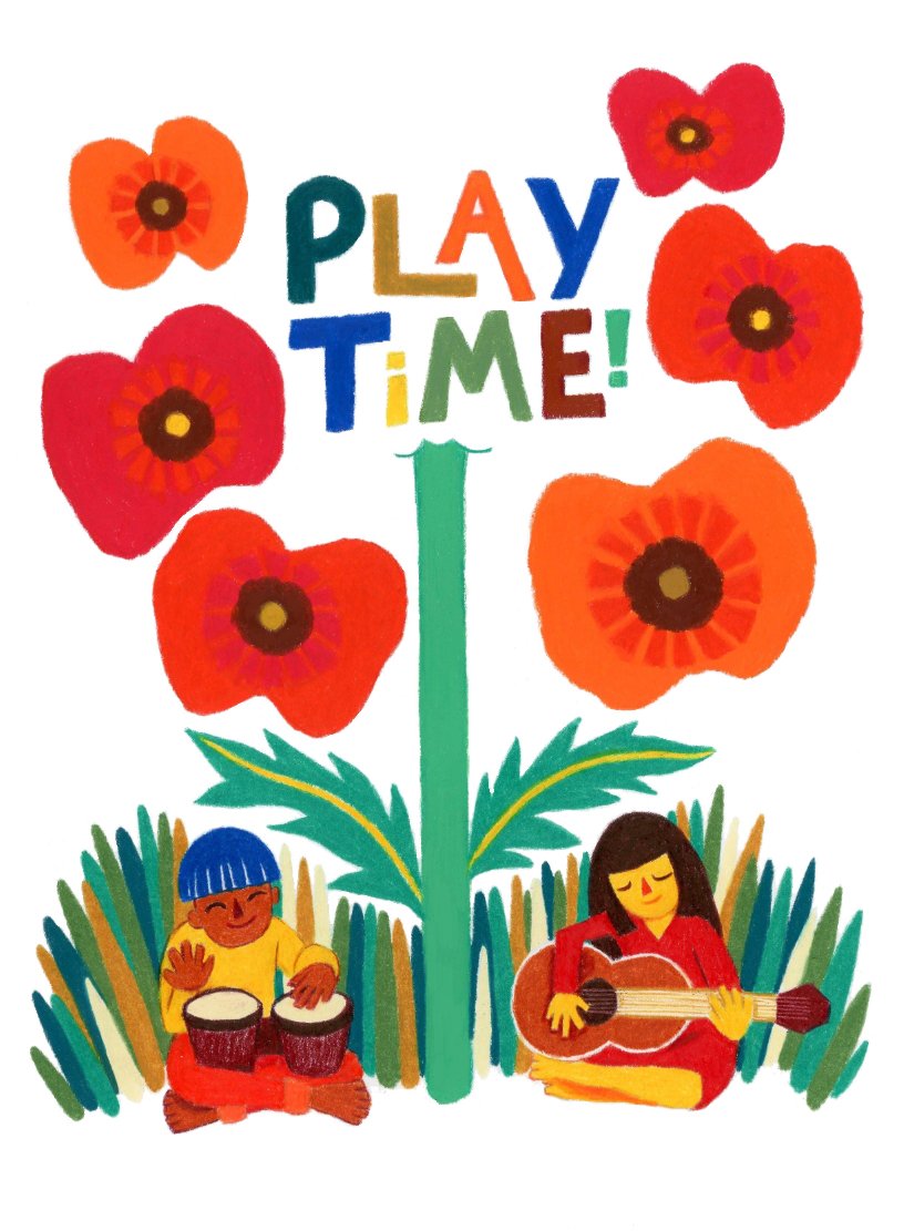 Oil pastel illustration of boy playing bongos and girl playing guitar beneath a giant cluster of poppy flowers with the text "Play Time!" Design for home decor, such as wall art, a throw pillowcase, or a tote bag.