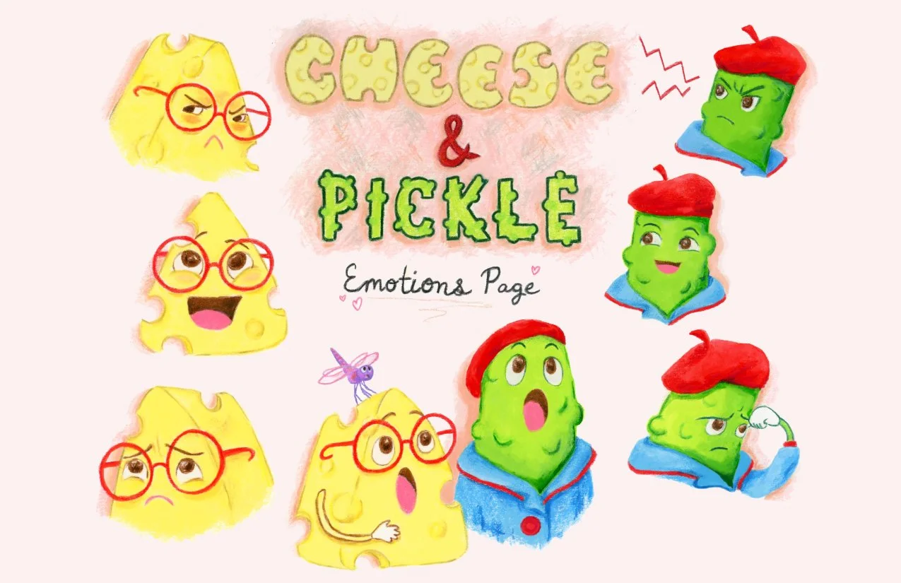Illustrations of Cheese & Pickle expressing the following emotions: anger, joy, sadness, surprise, and worry.