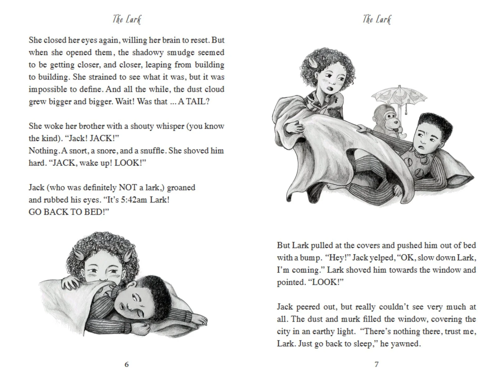 Left spot illustration shows Lark crouching next to her younger brother Jack trying to sleep on his bed. Right spot illustration of Lark yanking the blanket off her little brother who tries to resist by pulling back on the blanket.