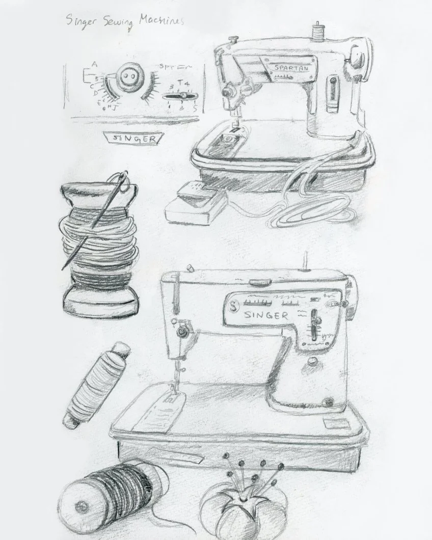 Graphite pencil sketches of Singer sewing machines, spools of thread, and a tomato pin cushion stuffed with pins.