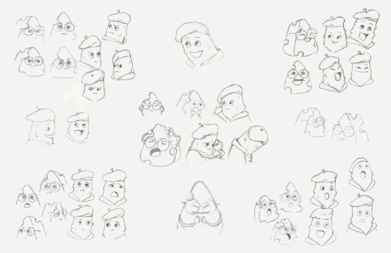 Character development sketches of Cheese & Pickle expressing many different emotions in graphite pencil.
