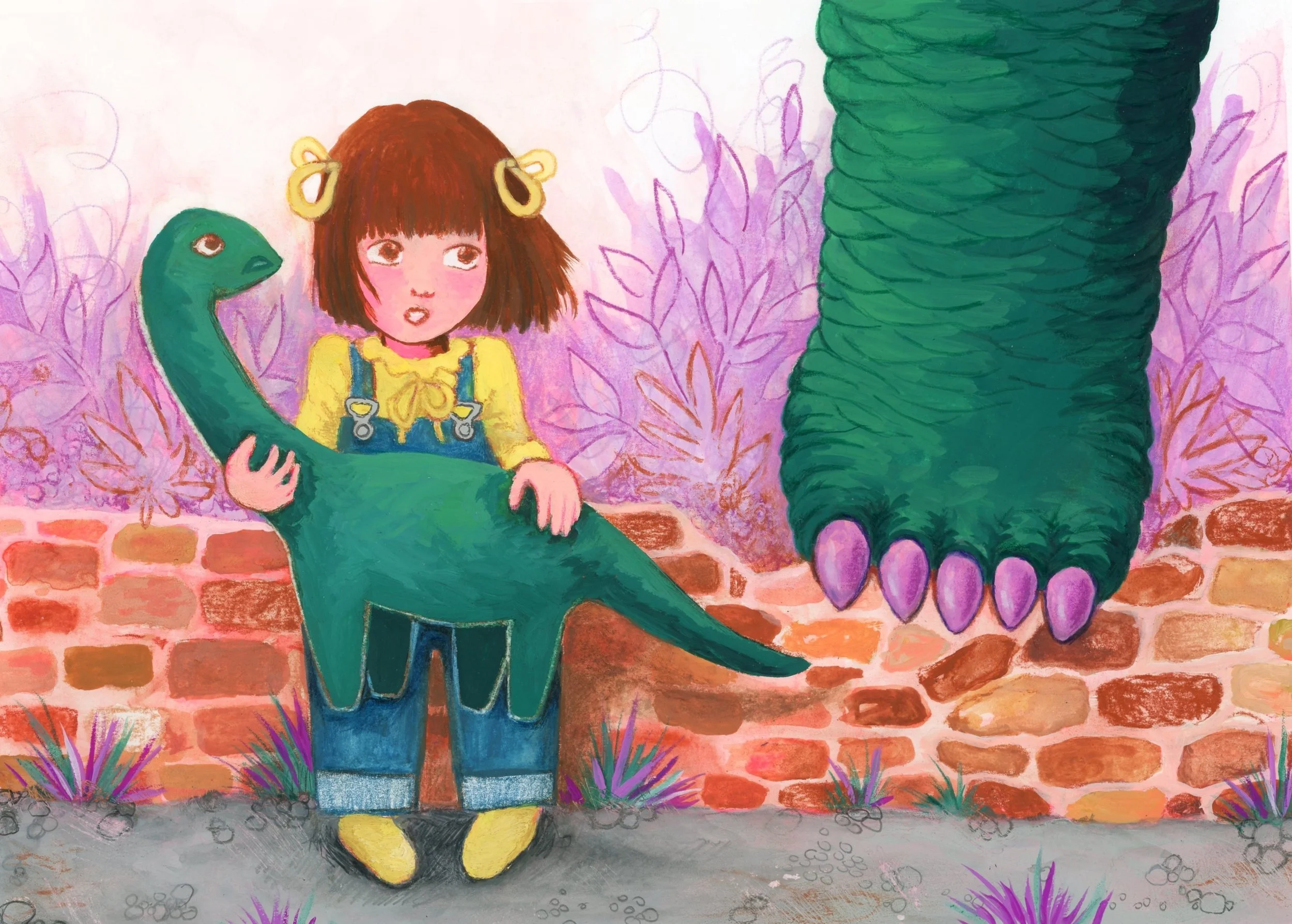 Illustration of the girl Zoe with a stuffed dinosaur toy standing nervously in front of an old stone wall with a large dinosaur foot stepping onto the wall.