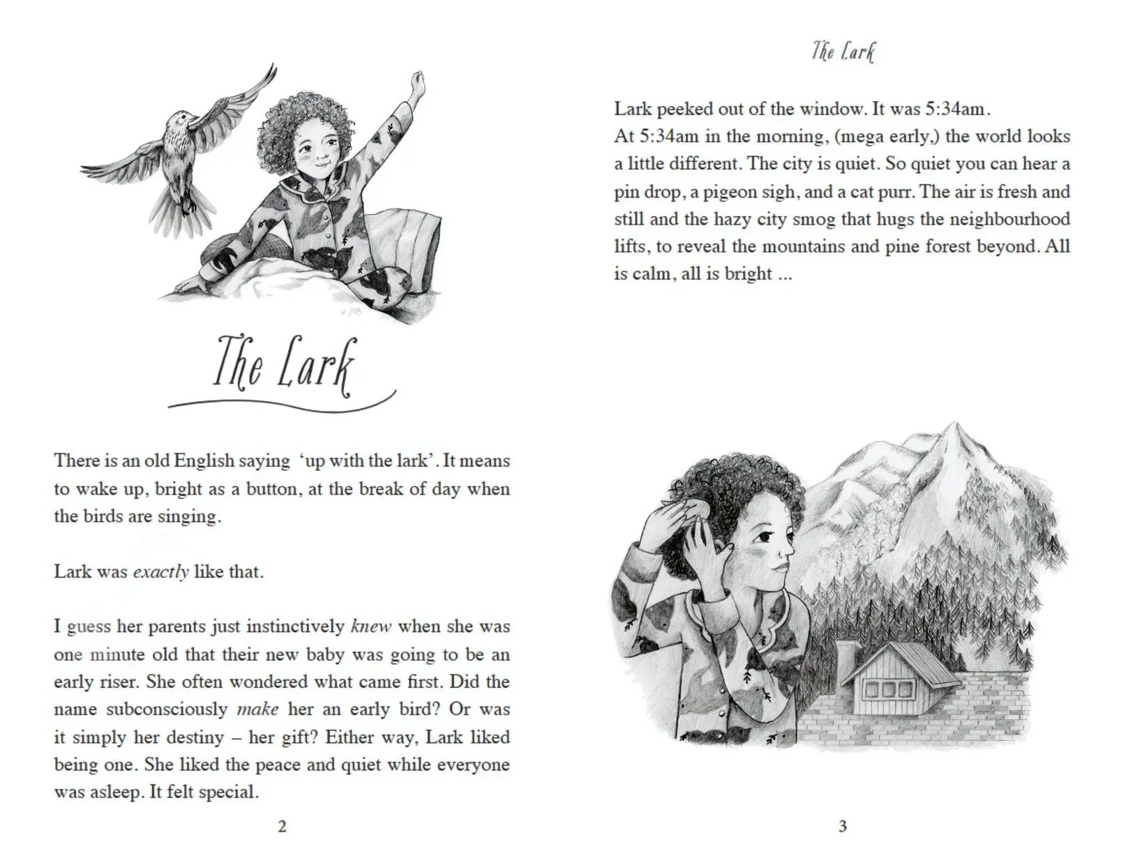 Left spot illustration of the girl Lark waking up and stretching in the same way as the lark spreading its wings next to her. Right spot illustration shows Lark placing a wing clip in her hair while viewing the mountains outside her window.