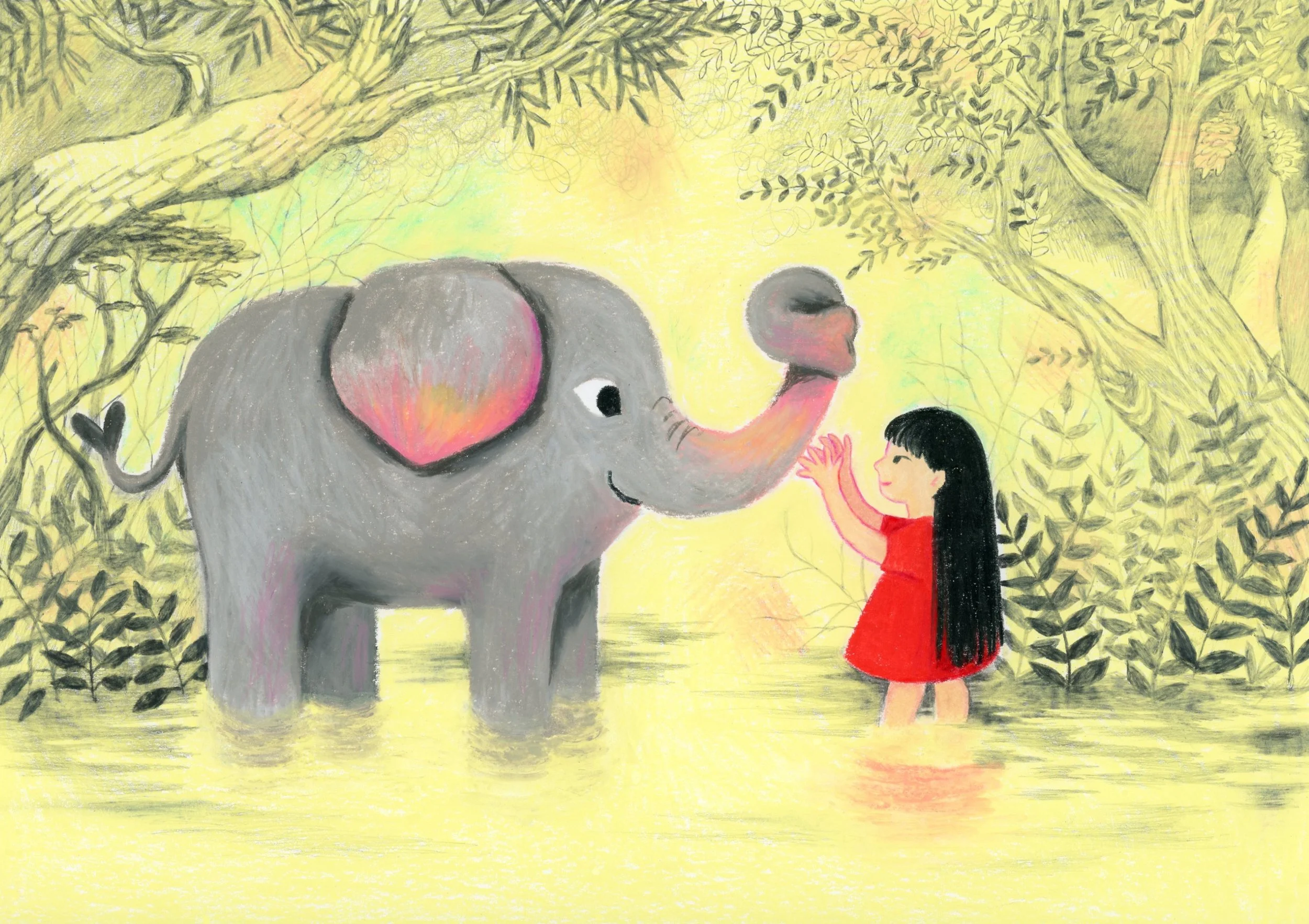 Illustration of a young girl and a baby elephant in a shallow pond in a forest. The girl extends her hands to the baby elephant's trunk.