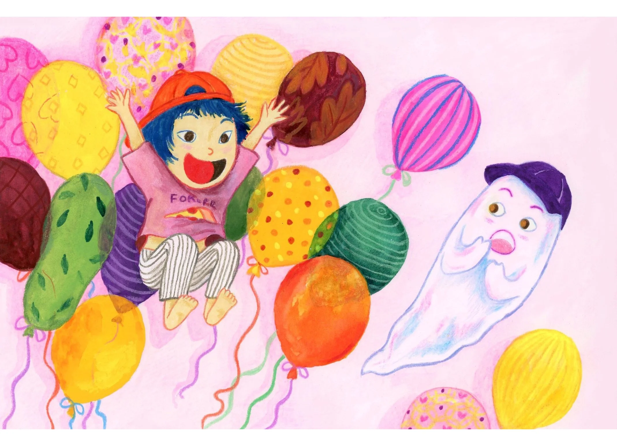 The girl Barbara is popping out from behind a cluster of balloons to surprise the ghost who has jumped backwards.