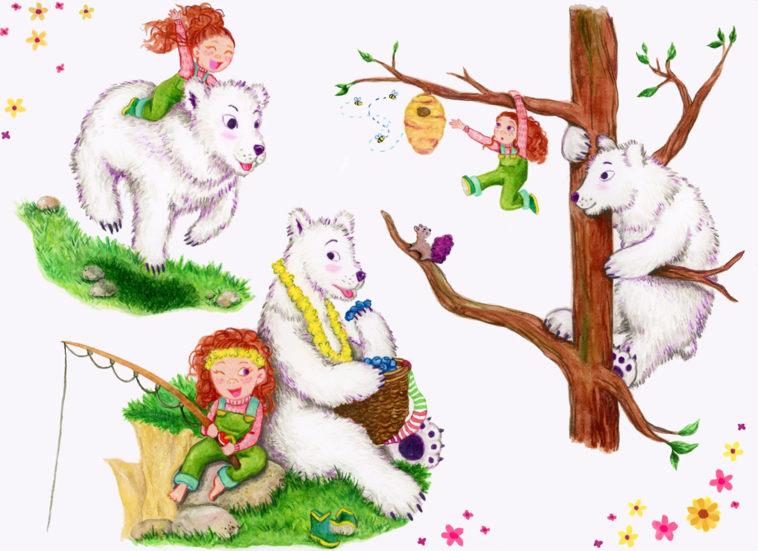 Spot illustrations of Erin and the polar bear in different poses, including running through a meadow, fishing and eating blueberries, and climbing a tree trying to get honey.