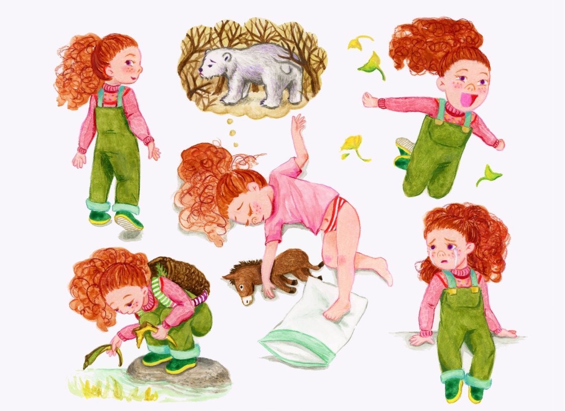Illustration of additional poses of Erin looking behind her shoulder, picking up leaves by a lake, sleeping with her donkey stuffed animal while dreaming of the polar bear, jumping, and crying on a ledge.
