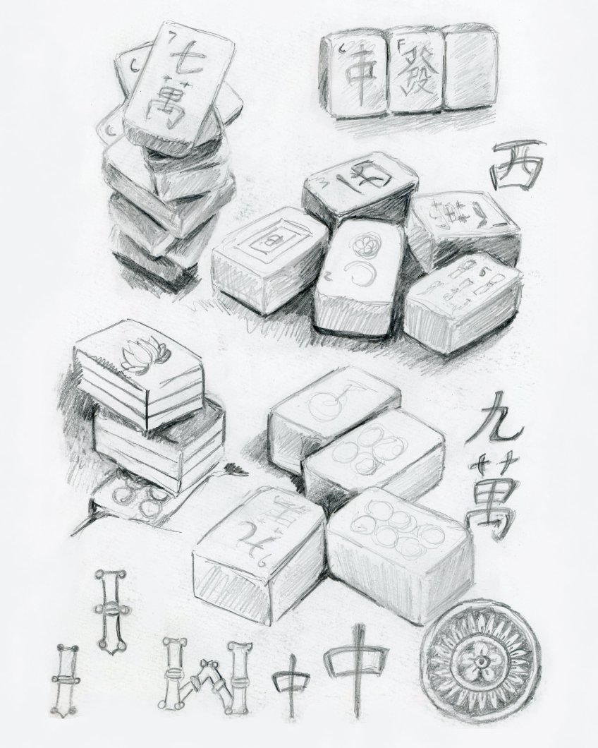 Graphite pencil sketches of stacks and groups of mahjong tiles and Chinese characters.