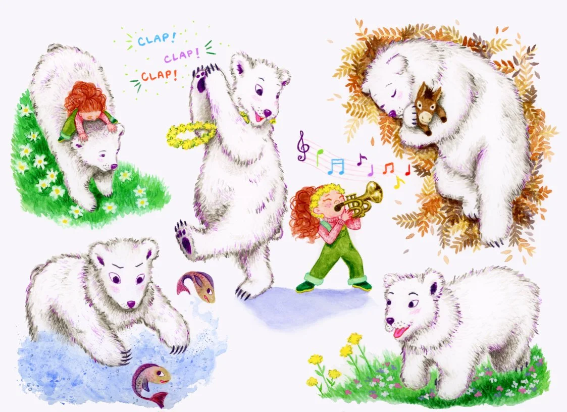 Illustration of additional poses of Erin and the polar bear. Erin rides on Bear's back and plays a trumpet next to clapping Bear. Bear tries to catch fish, sleeps with a donkey stuffed animal, and skips through a field.