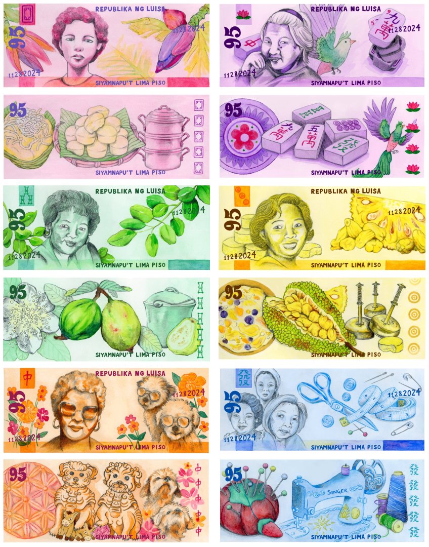 Full set of all 6 colors of the Lola Luisa 95th Birthday Pesos party favors with the text "95" for her 95th birthday, "Republika Ng Luisa", "11282024" for the date, and "Siyamnapu't Lima Piso" (95 piso).