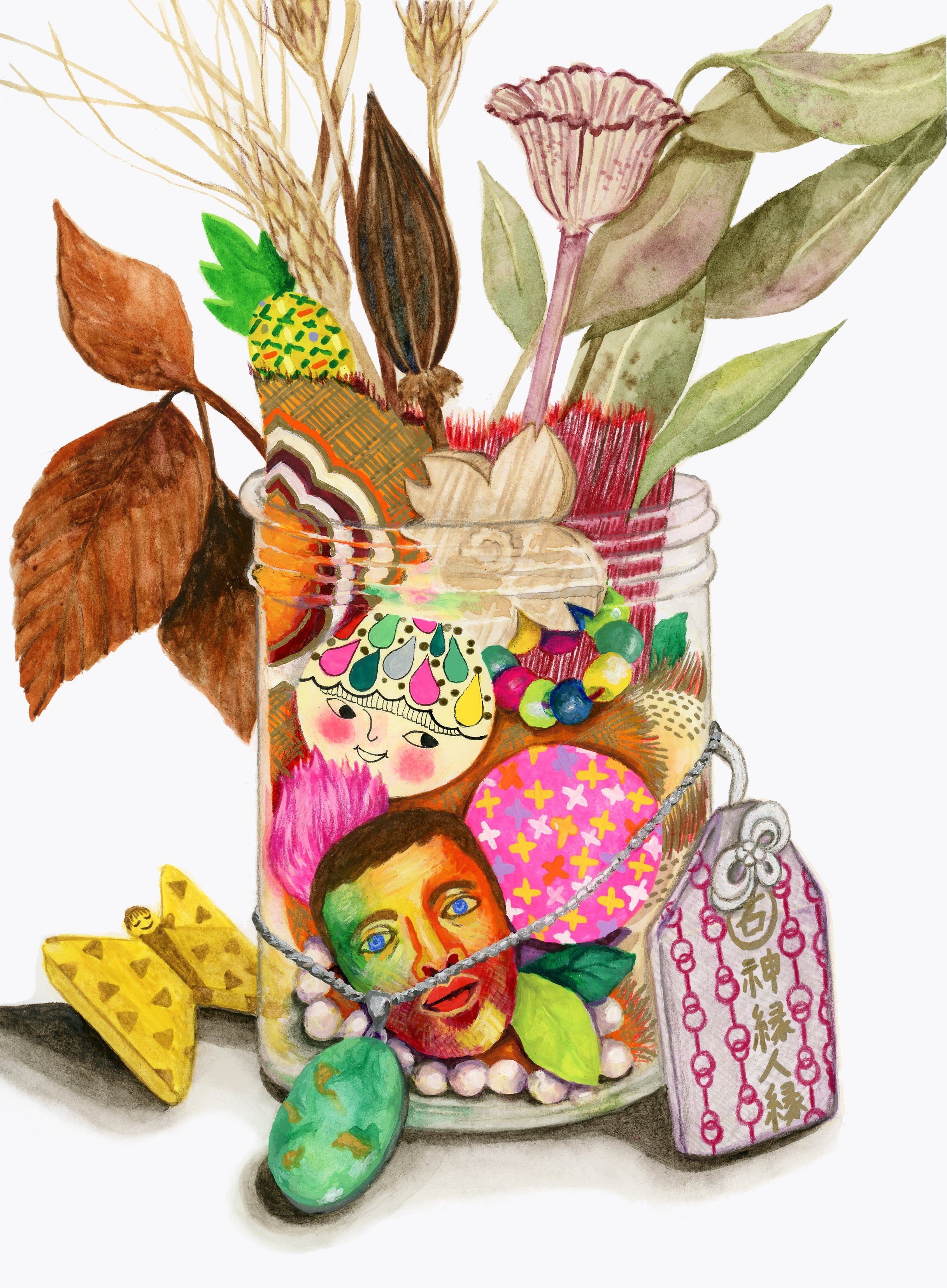 Illustration of a jar full of various objects, such as dried flowers and plants, a wooden sakura flower, broaches (pineapple, 2 faces), pearls, colorful beads, & cloth. A butterfly broach, torquoise necklace, & Japanese talisman are outside the jar.
