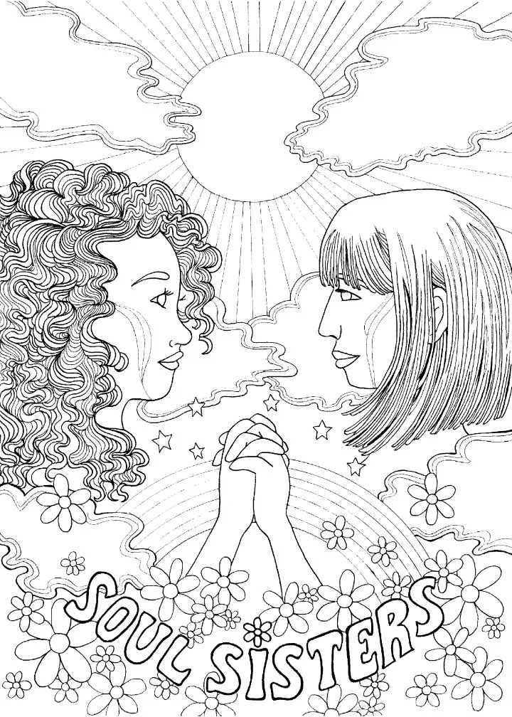 Black and white pen illustration of two women clasping hands in front of a sun radiating with sun rays and a rainbow. One woman has voluminous curly hair. The other has straight hair. The hand-lettered text "SOUL SISTERS" is surrounded by daisies.