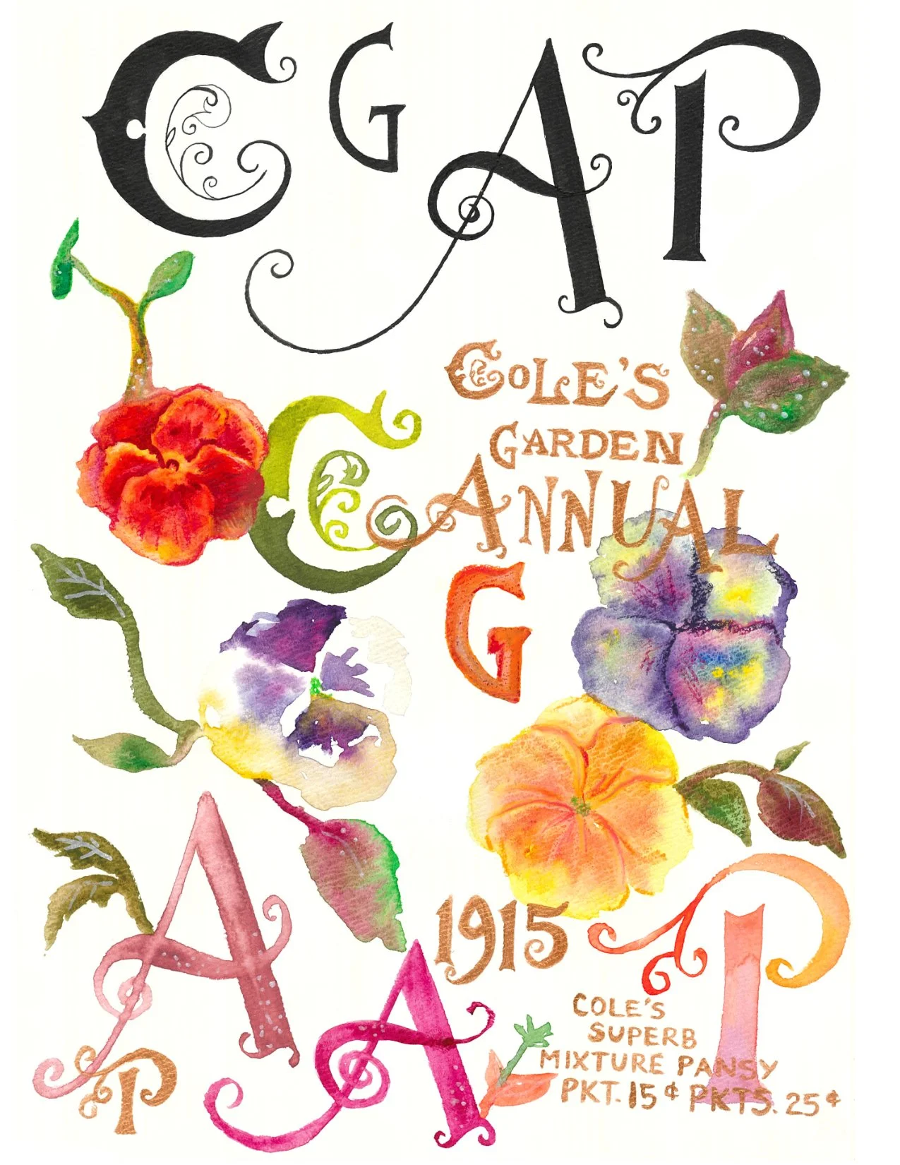 Hand-lettering of C, G, A, P and "Cole's Garden Annual 1915" in curly lettering with thicks and thins from the font on early 20th century ephemera. Decorative illustrations of pansies.