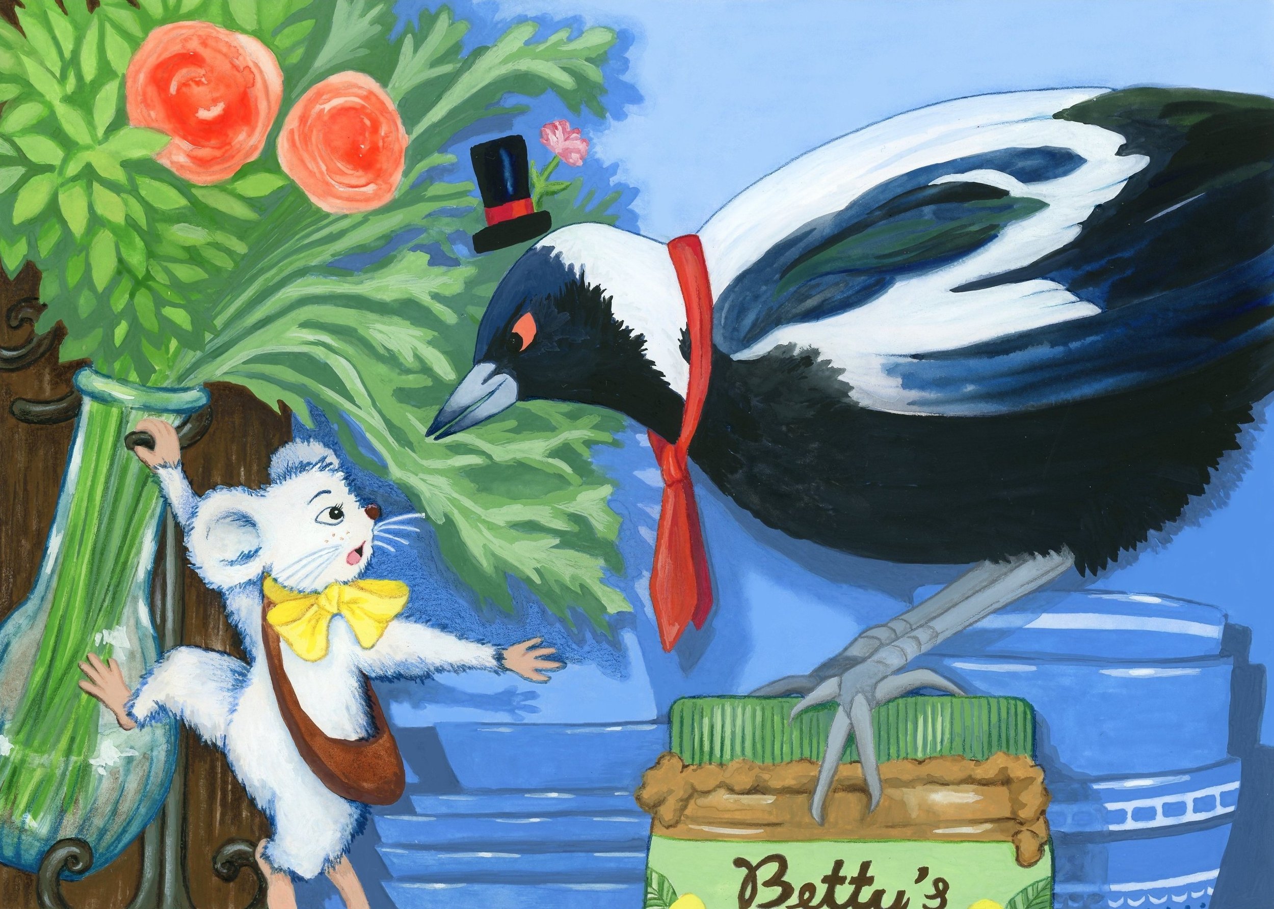 A mouse hangs precariously on a vase as she stretches her arm toward a jar of nut butter. A rotund magpie is perched on top of the jar glaring at the mouse mischievously.