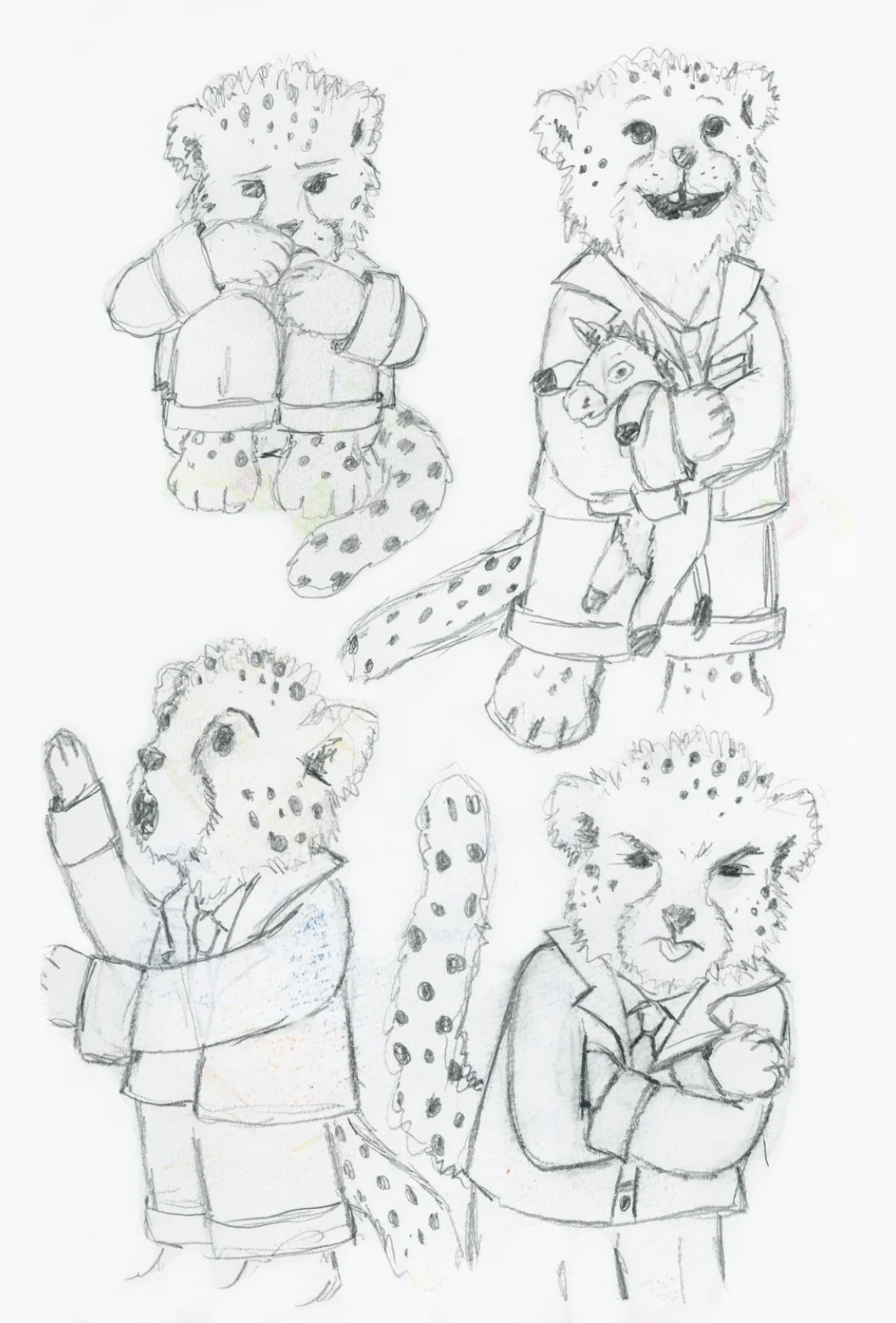 Graphite pencil sketches of the cheetah boy Rudolph in different poses.