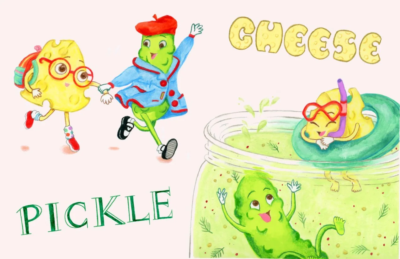 Illustrations of Cheese & Pickle in the following additional poses: running and swimming in a giant jar of pickle juice. Hand-lettering of "Cheese" in a Swiss cheese style and "Pickle" in green serif font.
