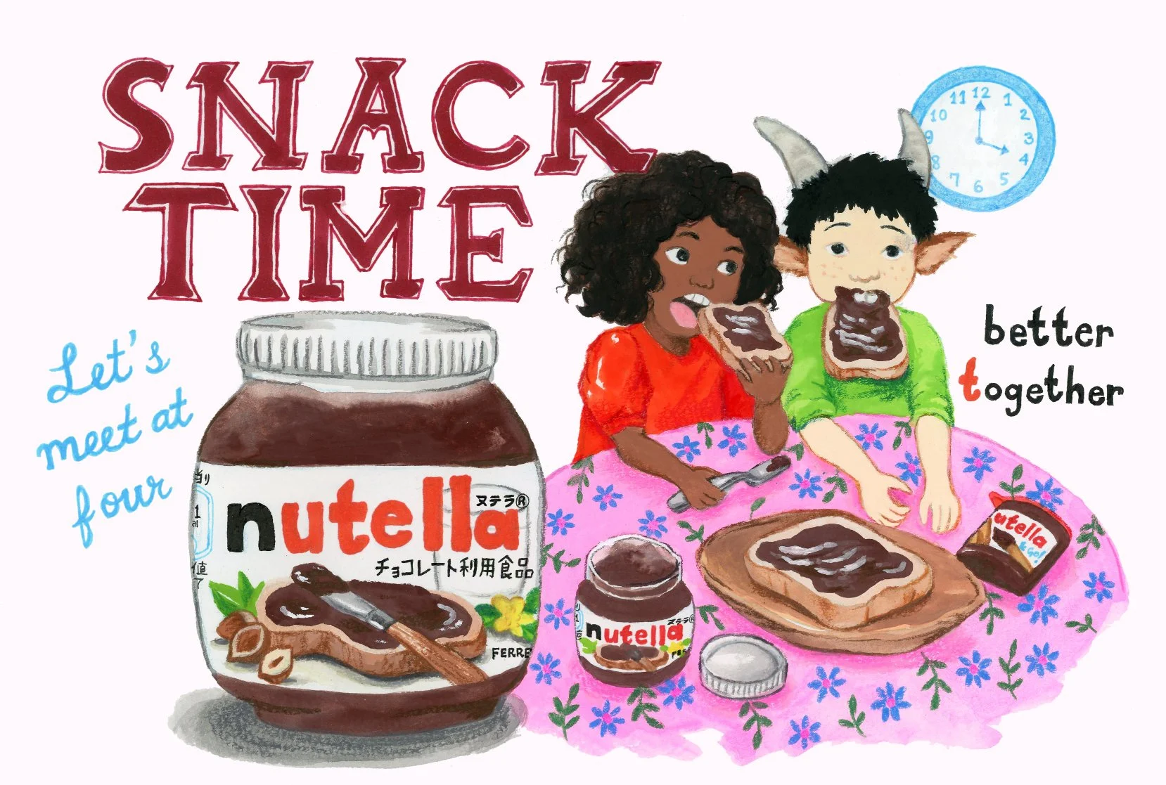 Illustration of a girl and a boy with goat ears and horns enjoying nutella on toast. Hand-lettered text reads "SNACK TIME Let's meet at four, better together."