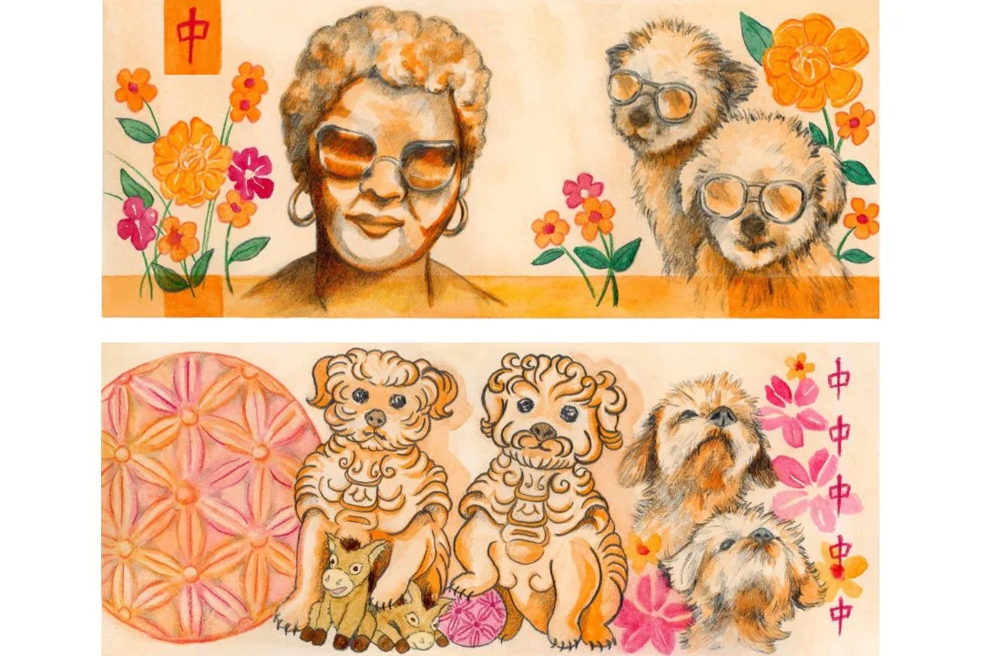 Orange 20-peso design features Lola Luisa in her 50s wearing sunglasses with puppies wearing sunglasses and flowers on  the front. Puppies imagined as Chinese guardian lion dogs and puppies looking up on the back. Red dragon mahjong tile motif.