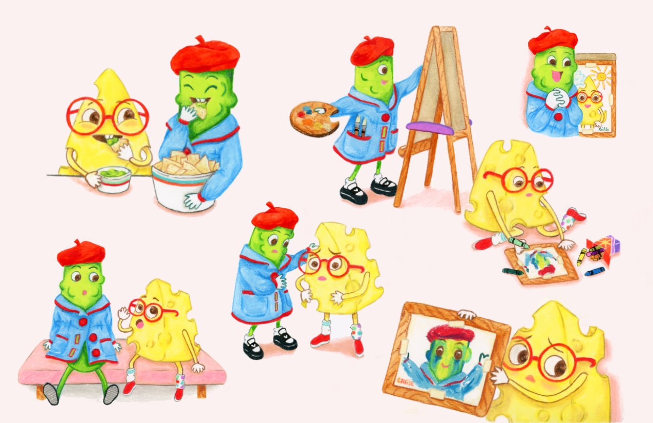 Illustrations of Cheese & Pickle in various poses, including eating chips, painting and drawing, sitting on a bench talking in hushed tones, Pickle concerned over a wibbly Cheese, and each showing their artwork.
