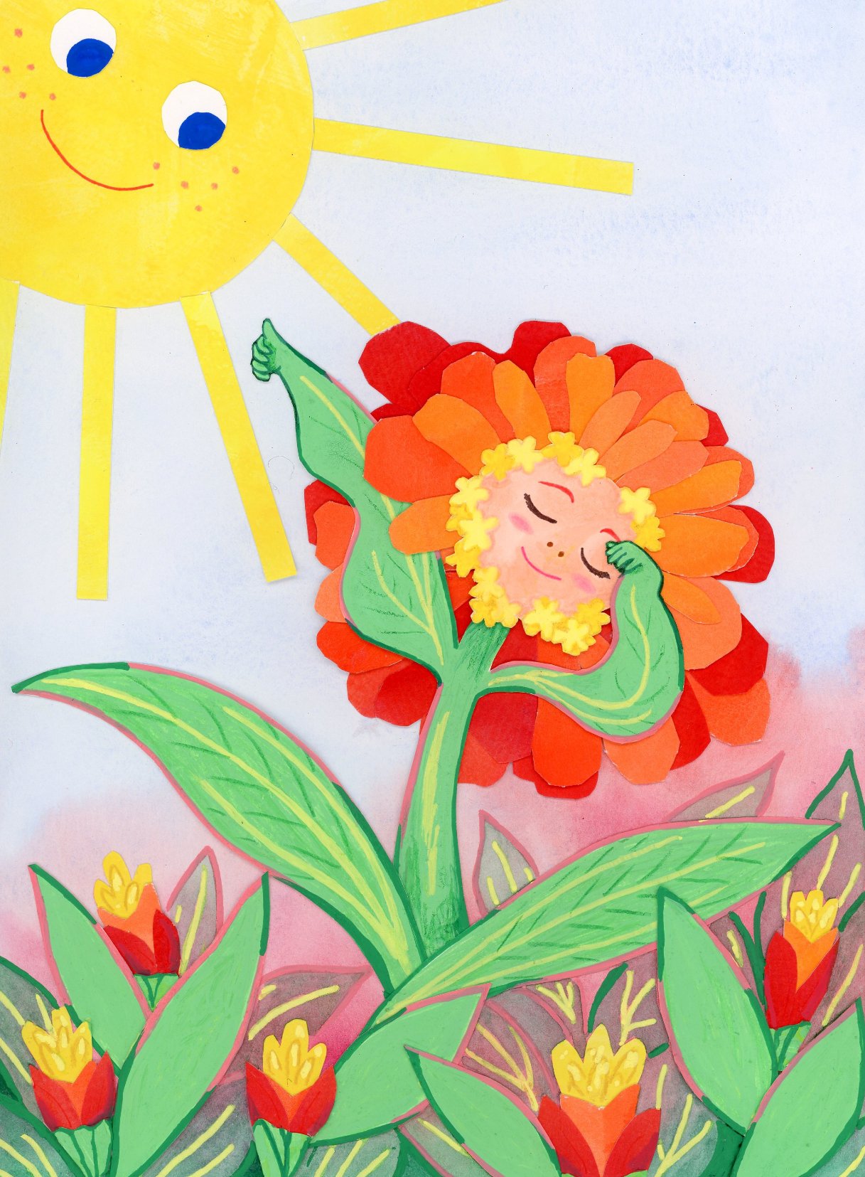 Cut paper illustration of Minnie the Zinnia stretching as she wakes up in a field of other zinnias. The sun smiles down on her.