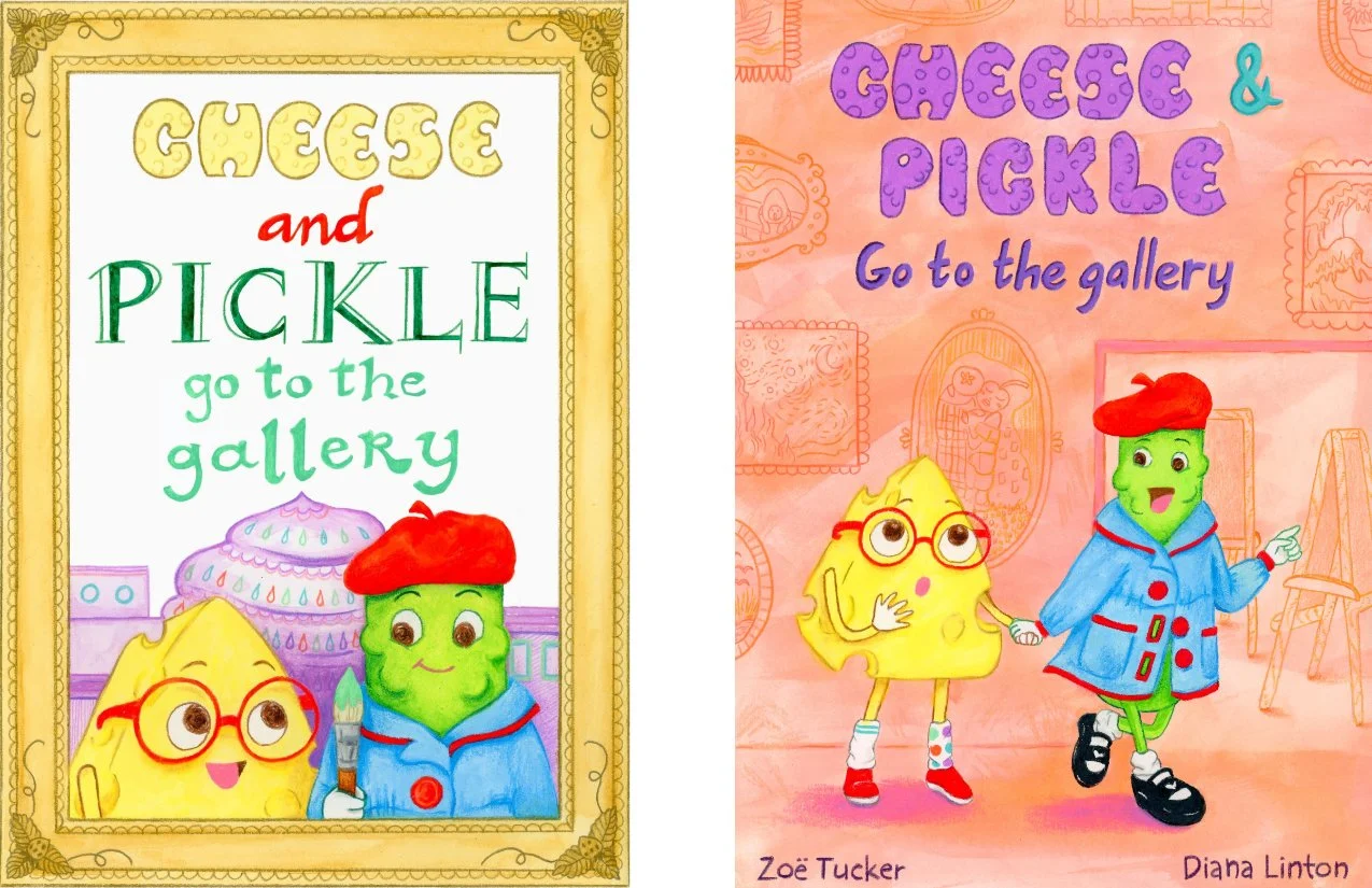 Two cover designs for Cheese and Pickle Go to the Gallery. First shows Cheese & Pickle mimicking the farmer & his wife in American Gothic in front of an art gallery shaped like ice cream. Second shows Cheese & Pickle walking inside the art gallery.