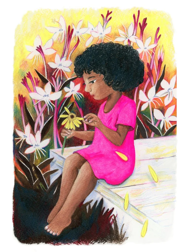 Girl sitting on a porch ledge plucking the petals off a flower with wand flowers (guara plants) in the bankground.